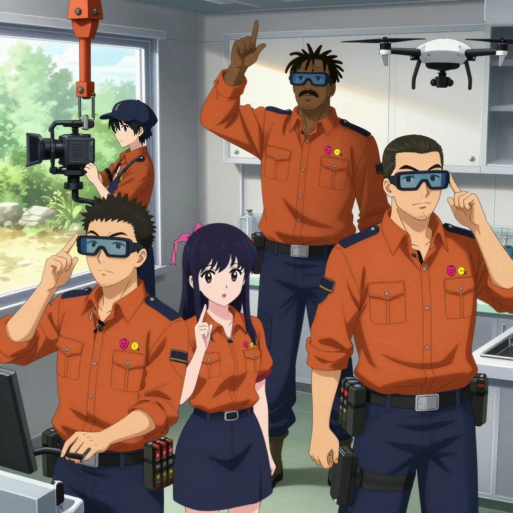 An anime scene showing 4 characters. 1. a male anime character with a broader, muscular build, short spiky hair, light stubble, wearing a neatly buttoned work shirt with epaulets and a zipped front, a utility belt with a small battery pack that connects to his eyeglasses, flat chest with no breasts 2. a female anime character with a smaller build, cute face, no facial hair, long hair with a ribbon tied at the end 3. a male anime character with a tall, rugged build, short dreadlock hair, thick mustache, wearing a neatly buttoned utility jacket with a mandarin collar and two chest pockets, a utility belt with a small battery pack that connects to his eyeglasses, flat chest with no breasts 4. a male anime character with a tall, sturdy build, short side-part hair, light goatee, wearing a neatly buttoned collared work shirt with sleeves rolled up, a utility belt with a small battery pack that connects to his eyeglasses, flat chest with no breasts All characters wear rust orange and navy surveying team with a y2k aesthetic. Each character wears two small lapel pins — one showing a tiny pink raspberry with a hollow center and one showing a tiny round-headed pushpin in a bright color. Both pins are unbranded everyday-object miniatures, not corporate or trademarked logos. One character wears a newsboy cap. One character has compact respirator hanging from a carabiner. Only one character gestures — the others focus on their tasks without gesturing or pointing. Characters speak to devices, check readings, touch their own fingertips together to transmit data, and wear AR glasses. No character touches a keyboard or looks at a screen. No character waves at the camera. No character faces the viewer directly. The team is operating a literal hydroplant in a sleek modern kitchen with large windows opening onto a garden. Exactly 4 characters in this scene — no more, no fewer. One drives a vehicle steadily along a route, eyes on the road or path. One controls a crane or lift, moving materials with precision and care. One operates a camera on a stabilized rig, framing the shot perfectly. One pilots a drone through a pre-planned flight path, monitoring telemetry. No male character wears a skirt, kilt, or apron over pants or formal shirts. Exactly 4 characters total. The image must contain precisely 4 characters.NO TEXT anywhere in this image — no speech bubbles, no word bubbles, no labels, no signs, no writing of any kind. Anime style, vibrant colors, clean composition, cinematic lighting.
