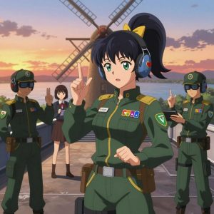 An anime scene showing 1 characters. 1. a female anime character with a small build, round face, no facial hair, hair in a high ponytail with a bow All characters wear dark forest green and gold technical repair team with a queen of hearts aesthetic. Each character wears two small lapel pins β one showing the the Google logo β four colored letters G o o g in bold, blue red yellow blue (real brand), and one showing the USDT token symbol β a T with a double horizontal line logo (abstract). One character wears a newsboy cap. One character has hearing protection with built-in radio. Only one character gestures β the others focus on their tasks without gesturing or pointing. Characters speak to devices, check readings, touch their own fingertips together to transmit data, and wear AR glasses. No character touches a keyboard or looks at a screen. No character waves at the camera. No character faces the viewer directly. The team is practicing a literal windmill in a rooftop terrace at sunset overlooking a wide river. Exactly 1 characters in this scene β no more, no fewer. One practices a difficult passage with full concentration, building muscle memory. No male character wears a skirt, kilt, or apron over pants or formal shirts. Exactly 1 characters total. The image must contain precisely 1 characters.NO TEXT anywhere in this image β no speech bubbles, no word bubbles, no labels, no signs, no writing of any kind. Anime style, vibrant colors, clean composition, cinematic lighting.