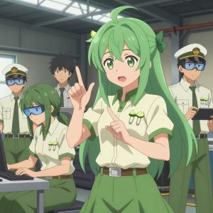 An anime scene showing 1 characters. 1. a female anime character with a petite build, cute face, no facial hair, long hair with a bow hair accessory All characters wear sage green and cream engineering team with a sci-fi aesthetic. Each character wears two small lapel pins β one showing a tiny lime wedge showing the green rind and pale flesh and one showing a tiny silver safety pin closed into a loop. Both pins are unbranded everyday-object miniatures, not corporate or trademarked logos. One character wears a captain's hat. One character has safety goggles with AR overlay lenses. Only one character gestures β the others focus on their tasks without gesturing or pointing. Characters speak to devices, check readings, touch their own fingertips together to transmit data, and wear AR glasses. No character touches a keyboard or looks at a screen. No character waves at the camera. No character faces the viewer directly. The team is practicing a literal amphitheater in an industrial warehouse with natural light streaming through skylights. Exactly 1 characters in this scene β no more, no fewer. One practices a difficult passage with full concentration, building muscle memory. No male character wears a skirt, kilt, or apron over pants or formal shirts. Exactly 1 characters total. The image must contain precisely 1 characters.NO TEXT anywhere in this image β no speech bubbles, no word bubbles, no labels, no signs, no writing of any kind. Anime style, vibrant colors, clean composition, cinematic lighting.