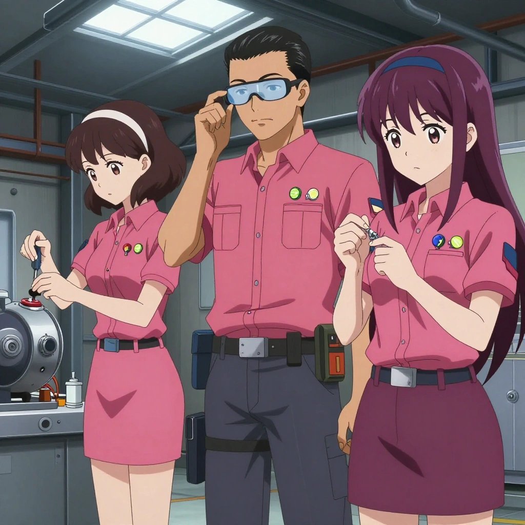 An anime scene showing 3 characters. 1. a female anime character with a slim build, gentle features, no facial hair, hair in a bob with a headband 2. a male anime character with a fit, medium build, short slicked-back hair, light mustache, wearing a neatly buttoned work polo with a collared neck and buttoned cuffs, a utility belt with a small battery pack that connects to his eyeglasses, flat chest with no breasts 3. a female anime character with a petite build, expressive eyes, no facial hair, long straight hair with a ribbon headband All characters wear muted rose and gray technical repair team with a red aesthetic. Each character wears two small lapel pins — one showing a tiny lime wedge showing the green rind and pale flesh and one showing a tiny silver thumbtack with a colored head (red, blue, or yellow). Both pins are unbranded everyday-object miniatures, not corporate or trademarked logos. One character wears a captain's hat. One character has elbow braces with integrated joint lights. Only one character gestures — the others focus on their tasks without gesturing or pointing. Characters speak to devices, check readings, touch their own fingertips together to transmit data, and wear AR glasses. No character touches a keyboard or looks at a screen. No character waves at the camera. No character faces the viewer directly. The team is repairing a literal space station in an industrial warehouse with natural light streaming through skylights. Exactly 3 characters in this scene — no more, no fewer. One cleans a critical part with solvent, working in a well-ventilated spot. One diagnoses the fault by listening to how the mechanism sounds. One carefully tightens a bolt with the appropriate tool, working by feel. No male character wears a skirt, kilt, or apron over pants or formal shirts. Exactly 3 characters total. The image must contain precisely 3 characters.NO TEXT anywhere in this image — no speech bubbles, no word bubbles, no labels, no signs, no writing of any kind. Anime style, vibrant colors, clean composition, cinematic lighting.