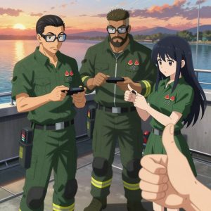 An anime scene showing 3 characters. 1. a male anime character with a fit, medium build, short slicked-back hair, light mustache, wearing a neatly buttoned work polo with a collared neck and buttoned cuffs, a utility belt with a small battery pack that connects to his eyeglasses, flat chest with no breasts 2. a male anime character with a stocky, strong build, short undercut hair, full beard, wearing a neatly buttoned work jacket with a full zip front and rolled sleeves, a utility belt with a small battery pack that connects to his eyeglasses, flat chest with no breasts 3. a female anime character with a petite build, cute face, no facial hair, long hair with a bow hair accessory All characters wear dark forest green and gold search and rescue team with a patterns aesthetic. Each character wears two small lapel pins — one showing a tiny watermelon slice showing the red flesh, black seeds, and green rind and one showing a tiny silver safety pin closed into a loop. Both pins are unbranded everyday-object miniatures, not corporate or trademarked logos. One character wears a fedora. One character has knee pads with built-in tool pouches. Character #3 making a thumbs-up sign — fist with thumb extending upward, clearly visible, hands large and clearly visible in the foreground. Only one character gestures — the others focus on their tasks without gesturing or pointing. Characters speak to devices, check readings, touch their own fingertips together to transmit data, and wear AR glasses. No character touches a keyboard or looks at a screen. No character waves at the camera. No character faces the viewer directly. The team is teaching a literal submarine in a rooftop terrace at sunset overlooking a wide river. Exactly 3 characters in this scene — no more, no fewer. One guides a student through a correction, offering encouragement. One reviews someone's work and gives specific, actionable feedback. One demonstrates a technique with patience, making sure the learner follows each step. No male character wears a skirt, kilt, or apron over pants or formal shirts. Exactly 3 characters total. The image must contain precisely 3 characters.NO TEXT anywhere in this image — no speech bubbles, no word bubbles, no labels, no signs, no writing of any kind. Anime style, vibrant colors, clean composition, cinematic lighting.