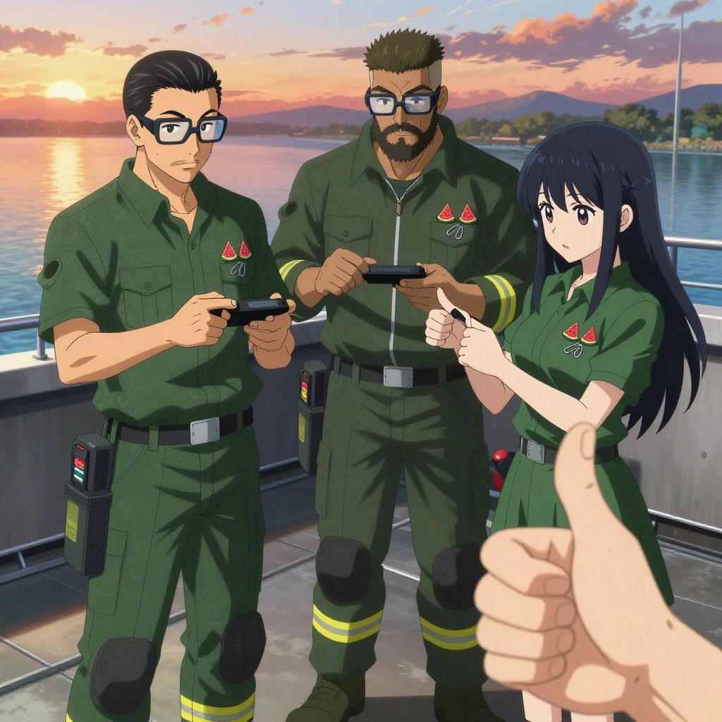 An anime scene showing 3 characters. 1. a male anime character with a fit, medium build, short slicked-back hair, light mustache, wearing a neatly buttoned work polo with a collared neck and buttoned cuffs, a utility belt with a small battery pack that connects to his eyeglasses, flat chest with no breasts 2. a male anime character with a stocky, strong build, short undercut hair, full beard, wearing a neatly buttoned work jacket with a full zip front and rolled sleeves, a utility belt with a small battery pack that connects to his eyeglasses, flat chest with no breasts 3. a female anime character with a petite build, cute face, no facial hair, long hair with a bow hair accessory All characters wear dark forest green and gold search and rescue team with a patterns aesthetic. Each character wears two small lapel pins — one showing a tiny watermelon slice showing the red flesh, black seeds, and green rind and one showing a tiny silver safety pin closed into a loop. Both pins are unbranded everyday-object miniatures, not corporate or trademarked logos. One character wears a fedora. One character has knee pads with built-in tool pouches. Character #3 making a thumbs-up sign — fist with thumb extending upward, clearly visible, hands large and clearly visible in the foreground. Only one character gestures — the others focus on their tasks without gesturing or pointing. Characters speak to devices, check readings, touch their own fingertips together to transmit data, and wear AR glasses. No character touches a keyboard or looks at a screen. No character waves at the camera. No character faces the viewer directly. The team is teaching a literal submarine in a rooftop terrace at sunset overlooking a wide river. Exactly 3 characters in this scene — no more, no fewer. One guides a student through a correction, offering encouragement. One reviews someone's work and gives specific, actionable feedback. One demonstrates a technique with patience, making sure the learner follows each step. No male character wears a skirt, kilt, or apron over pants or formal shirts. Exactly 3 characters total. The image must contain precisely 3 characters.NO TEXT anywhere in this image — no speech bubbles, no word bubbles, no labels, no signs, no writing of any kind. Anime style, vibrant colors, clean composition, cinematic lighting.
