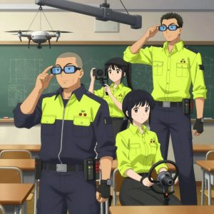 An anime scene showing 4 characters. 1. a male anime character with a broad-shouldered build, short buzz-cut hair, clean-shaven, wearing a neatly buttoned work coverall with a full-length zipper and snapped chest pocket, a utility belt with a small battery pack that connects to his eyeglasses, flat chest with no breasts 2. a female anime character with a small build, round face, no facial hair, hair in a high ponytail with a bow 3. a female anime character with a smaller build, cute face, no facial hair, long hair with a ribbon tied at the end 4. a male anime character with a tall, sturdy build, short side-part hair, light goatee, wearing a neatly buttoned collared work shirt with sleeves rolled up, a utility belt with a small battery pack that connects to his eyeglasses, flat chest with no breasts All characters wear charcoal and neon yellow field research team with a top model aesthetic. Each character wears two small lapel pins β one showing a pair of tiny red cherries joined by a slim green stem and one showing a tiny silver thumbtack with a colored head (red, blue, or yellow). Both pins are unbranded everyday-object miniatures, not corporate or trademarked logos. One character wears a flat cap. One character has gloves with fingertip sensors. Only one character gestures β the others focus on their tasks without gesturing or pointing. Characters speak to devices, check readings, touch their own fingertips together to transmit data, and wear AR glasses. No character touches a keyboard or looks at a screen. No character waves at the camera. No character faces the viewer directly. The team is operating a literal submarine in a sunny classroom with desks and a chalkboard covered in diagrams. Exactly 4 characters in this scene β no more, no fewer. One controls a crane or lift, moving materials with precision and care. One pilots a drone through a pre-planned flight path, monitoring telemetry. One operates a camera on a stabilized rig, framing the shot perfectly. One drives a vehicle steadily along a route, eyes on the road or path. No male character wears a skirt, kilt, or apron over pants or formal shirts. Exactly 4 characters total. The image must contain precisely 4 characters.NO TEXT anywhere in this image β no speech bubbles, no word bubbles, no labels, no signs, no writing of any kind. Anime style, vibrant colors, clean composition, cinematic lighting.