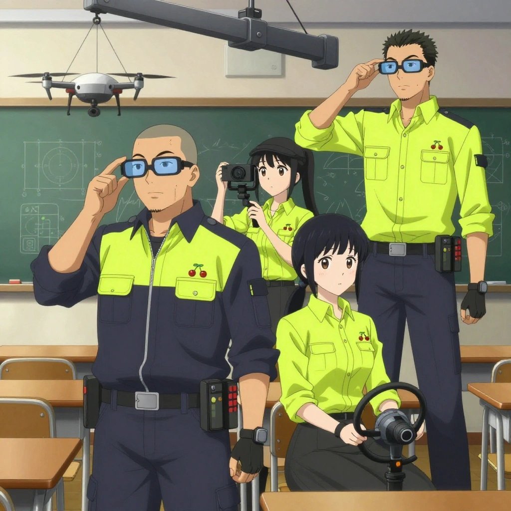 An anime scene showing 4 characters. 1. a male anime character with a broad-shouldered build, short buzz-cut hair, clean-shaven, wearing a neatly buttoned work coverall with a full-length zipper and snapped chest pocket, a utility belt with a small battery pack that connects to his eyeglasses, flat chest with no breasts 2. a female anime character with a small build, round face, no facial hair, hair in a high ponytail with a bow 3. a female anime character with a smaller build, cute face, no facial hair, long hair with a ribbon tied at the end 4. a male anime character with a tall, sturdy build, short side-part hair, light goatee, wearing a neatly buttoned collared work shirt with sleeves rolled up, a utility belt with a small battery pack that connects to his eyeglasses, flat chest with no breasts All characters wear charcoal and neon yellow field research team with a top model aesthetic. Each character wears two small lapel pins — one showing a pair of tiny red cherries joined by a slim green stem and one showing a tiny silver thumbtack with a colored head (red, blue, or yellow). Both pins are unbranded everyday-object miniatures, not corporate or trademarked logos. One character wears a flat cap. One character has gloves with fingertip sensors. Only one character gestures — the others focus on their tasks without gesturing or pointing. Characters speak to devices, check readings, touch their own fingertips together to transmit data, and wear AR glasses. No character touches a keyboard or looks at a screen. No character waves at the camera. No character faces the viewer directly. The team is operating a literal submarine in a sunny classroom with desks and a chalkboard covered in diagrams. Exactly 4 characters in this scene — no more, no fewer. One controls a crane or lift, moving materials with precision and care. One pilots a drone through a pre-planned flight path, monitoring telemetry. One operates a camera on a stabilized rig, framing the shot perfectly. One drives a vehicle steadily along a route, eyes on the road or path. No male character wears a skirt, kilt, or apron over pants or formal shirts. Exactly 4 characters total. The image must contain precisely 4 characters.NO TEXT anywhere in this image — no speech bubbles, no word bubbles, no labels, no signs, no writing of any kind. Anime style, vibrant colors, clean composition, cinematic lighting.