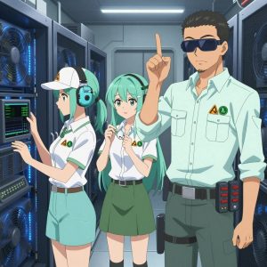 An anime scene showing 3 characters. 1. a female anime character with a slender build, youthful face, no facial hair, side ponytail with a ribbon 2. a female anime character with a petite build, cute face, no facial hair, long hair with a bow hair accessory 3. a male anime character with a tall, sturdy build, short side-part hair, light goatee, wearing a neatly buttoned collared work shirt with sleeves rolled up, a utility belt with a small battery pack that connects to his eyeglasses, flat chest with no breasts All characters wear soft mint and white engineering team with a music festival aesthetic. Each character wears two small lapel pins β one showing the the Anthropic logo β a stylized A made of three overlapping triangles, warm orange (real brand), and one showing the lowercase lambda letter in a circle, green logo (abstract). One character wears a baseball cap. One character has hearing protection with built-in radio. Character #3 fingerspelling the letter C β curved hand like holding a cup, held up clearly, hands large and clearly visible in the foreground. Only one character gestures β the others focus on their tasks without gesturing or pointing. Characters speak to devices, check readings, touch their own fingertips together to transmit data, and wear AR glasses. No character touches a keyboard or looks at a screen. No character waves at the camera. No character faces the viewer directly. The team is treating a literal coastguard in a high-tech server room humming with cooling fans and blue light. Exactly 3 characters in this scene β no more, no fewer. One monitors vital signs on equipment, checking readings regularly. One performs a careful examination to determine the cause of symptoms. One carefully cleans and dresses a wound using sterile supplies. No male character wears a skirt, kilt, or apron over pants or formal shirts. Exactly 3 characters total. The image must contain precisely 3 characters.NO TEXT anywhere in this image β no speech bubbles, no word bubbles, no labels, no signs, no writing of any kind. Anime style, vibrant colors, clean composition, cinematic lighting.