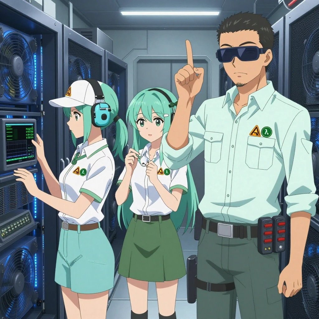 An anime scene showing 3 characters. 1. a female anime character with a slender build, youthful face, no facial hair, side ponytail with a ribbon 2. a female anime character with a petite build, cute face, no facial hair, long hair with a bow hair accessory 3. a male anime character with a tall, sturdy build, short side-part hair, light goatee, wearing a neatly buttoned collared work shirt with sleeves rolled up, a utility belt with a small battery pack that connects to his eyeglasses, flat chest with no breasts All characters wear soft mint and white engineering team with a music festival aesthetic. Each character wears two small lapel pins β one showing the the Anthropic logo β a stylized A made of three overlapping triangles, warm orange (real brand), and one showing the lowercase lambda letter in a circle, green logo (abstract). One character wears a baseball cap. One character has hearing protection with built-in radio. Character #3 fingerspelling the letter C β curved hand like holding a cup, held up clearly, hands large and clearly visible in the foreground. Only one character gestures β the others focus on their tasks without gesturing or pointing. Characters speak to devices, check readings, touch their own fingertips together to transmit data, and wear AR glasses. No character touches a keyboard or looks at a screen. No character waves at the camera. No character faces the viewer directly. The team is treating a literal coastguard in a high-tech server room humming with cooling fans and blue light. Exactly 3 characters in this scene β no more, no fewer. One monitors vital signs on equipment, checking readings regularly. One performs a careful examination to determine the cause of symptoms. One carefully cleans and dresses a wound using sterile supplies. No male character wears a skirt, kilt, or apron over pants or formal shirts. Exactly 3 characters total. The image must contain precisely 3 characters.NO TEXT anywhere in this image β no speech bubbles, no word bubbles, no labels, no signs, no writing of any kind. Anime style, vibrant colors, clean composition, cinematic lighting.