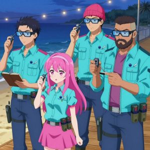 An anime scene showing 4 characters. 1. a male anime character with a lean, wiry build, short wavy hair, clean-shaven, wearing a neatly buttoned utility shirt with a buttoned collar and chest pockets snapped shut, a utility belt with a small battery pack that connects to his eyeglasses, flat chest with no breasts 2. a female anime character with a petite build, expressive eyes, no facial hair, long straight hair with a ribbon headband 3. a male anime character with a broader, muscular build, short spiky hair, light stubble, wearing a neatly buttoned work shirt with epaulets and a zipped front, a utility belt with a small battery pack that connects to his eyeglasses, flat chest with no breasts 4. a male anime character with a stocky, strong build, short undercut hair, full beard, wearing a neatly buttoned work jacket with a full zip front and rolled sleeves, a utility belt with a small battery pack that connects to his eyeglasses, flat chest with no breasts All characters wear bright cyan and pink scientific expedition team with a mean girl aesthetic. Each character wears two small lapel pins β one showing a tiny dark blue blueberry with a slight dusty bloom and one showing a tiny flathead screwdriver with a clear handle. Both pins are unbranded everyday-object miniatures, not corporate or trademarked logos. One character wears a beanie. One character has utility sheathes on the belt for hand tools. Only one character gestures β the others focus on their tasks without gesturing or pointing. Characters speak to devices, check readings, touch their own fingertips together to transmit data, and wear AR glasses. No character touches a keyboard or looks at a screen. No character waves at the camera. No character faces the viewer directly. The team is measuring a literal coastguard in a beachside boardwalk at twilight with string lights and warm sand. Exactly 4 characters in this scene β no more, no fewer. One takes a precise reading with a calibrated instrument, recording it in a logbook. One weighs or measures a sample, handling it carefully to avoid contamination. One monitors a readout while adjusting a dial, watching for the target value. One verifies dimensions with a precision tool, comparing to the specification. No male character wears a skirt, kilt, or apron over pants or formal shirts. Exactly 4 characters total. The image must contain precisely 4 characters.NO TEXT anywhere in this image β no speech bubbles, no word bubbles, no labels, no signs, no writing of any kind. Anime style, vibrant colors, clean composition, cinematic lighting.