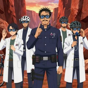 An anime scene showing 1 characters. 1. a male anime character with a tall, rugged build, short dreadlock hair, thick mustache, wearing a neatly buttoned utility jacket with a mandarin collar and two chest pockets, a utility belt with a small battery pack that connects to his eyeglasses, flat chest with no breasts All characters wear navy and soft white medical team (white lab coats) with a secret agent aesthetic. Each character wears two small lapel pins β one showing a tiny deep purple fig with a small green leaf on top and one showing a tiny silver key blank with a simple round bow. Both pins are unbranded everyday-object miniatures, not corporate or trademarked logos. One character wears a bicycle helmet. One character has compact respirator hanging from a carabiner. Only one character gestures β the others focus on their tasks without gesturing or pointing. Characters speak to devices, check readings, touch their own fingertips together to transmit data, and wear AR glasses. No character touches a keyboard or looks at a screen. No character waves at the camera. No character faces the viewer directly. The team is measuring a literal submarine in a wide canyon with layered red rock walls glowing at sunset. Exactly 1 characters in this scene β no more, no fewer. One weighs or measures a sample, handling it carefully to avoid contamination. No male character wears a skirt, kilt, or apron over pants or formal shirts. Exactly 1 characters total. The image must contain precisely 1 characters.NO TEXT anywhere in this image β no speech bubbles, no word bubbles, no labels, no signs, no writing of any kind. Anime style, vibrant colors, clean composition, cinematic lighting.