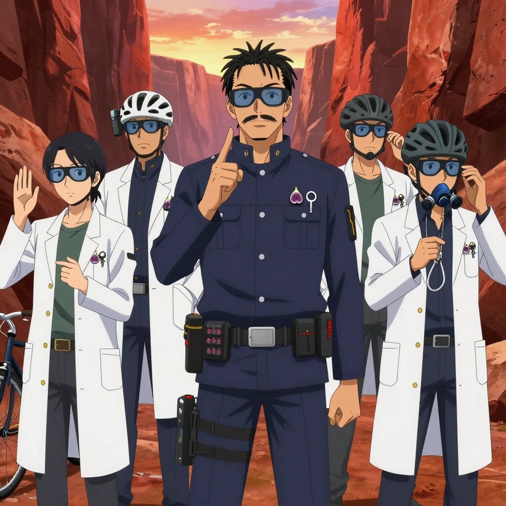 An anime scene showing 1 characters. 1. a male anime character with a tall, rugged build, short dreadlock hair, thick mustache, wearing a neatly buttoned utility jacket with a mandarin collar and two chest pockets, a utility belt with a small battery pack that connects to his eyeglasses, flat chest with no breasts All characters wear navy and soft white medical team (white lab coats) with a secret agent aesthetic. Each character wears two small lapel pins — one showing a tiny deep purple fig with a small green leaf on top and one showing a tiny silver key blank with a simple round bow. Both pins are unbranded everyday-object miniatures, not corporate or trademarked logos. One character wears a bicycle helmet. One character has compact respirator hanging from a carabiner. Only one character gestures — the others focus on their tasks without gesturing or pointing. Characters speak to devices, check readings, touch their own fingertips together to transmit data, and wear AR glasses. No character touches a keyboard or looks at a screen. No character waves at the camera. No character faces the viewer directly. The team is measuring a literal submarine in a wide canyon with layered red rock walls glowing at sunset. Exactly 1 characters in this scene — no more, no fewer. One weighs or measures a sample, handling it carefully to avoid contamination. No male character wears a skirt, kilt, or apron over pants or formal shirts. Exactly 1 characters total. The image must contain precisely 1 characters.NO TEXT anywhere in this image — no speech bubbles, no word bubbles, no labels, no signs, no writing of any kind. Anime style, vibrant colors, clean composition, cinematic lighting.