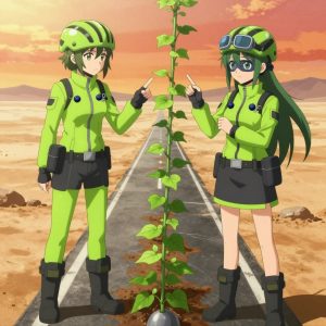 An anime scene showing 2 characters. 1. a female anime character with a slim build, delicate face, no facial hair, short wavy hair with a hair pin 2. a female anime character with a petite build, cute face, no facial hair, long hair with a bow hair accessory All characters wear neon green and black hazardous disposal team with a gothic aesthetic. Each character wears two small lapel pins β one showing a tiny dark blue blueberry with a slight dusty bloom and one showing a tiny black binder clip with silver arms. Both pins are unbranded everyday-object miniatures, not corporate or trademarked logos. One character wears a bicycle helmet. One character has magnetized boot heels for steel surfaces. Only one character gestures β the others focus on their tasks without gesturing or pointing. Characters speak to devices, check readings, touch their own fingertips together to transmit data, and wear AR glasses. No character touches a keyboard or looks at a screen. No character waves at the camera. No character faces the viewer directly. The team is cultivating a literal submarine in a dusty desert road stretching to the horizon under a blazing sun. Exactly 2 characters in this scene β no more, no fewer. One prunes dead growth to encourage healthy new shoots. One trellises a climbing plant, guiding it along a support with gentle care. No male character wears a skirt, kilt, or apron over pants or formal shirts. Exactly 2 characters total. The image must contain precisely 2 characters.NO TEXT anywhere in this image β no speech bubbles, no word bubbles, no labels, no signs, no writing of any kind. Anime style, vibrant colors, clean composition, cinematic lighting.