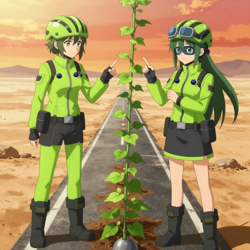 An anime scene showing 2 characters. 1. a female anime character with a slim build, delicate face, no facial hair, short wavy hair with a hair pin 2. a female anime character with a petite build, cute face, no facial hair, long hair with a bow hair accessory All characters wear neon green and black hazardous disposal team with a gothic aesthetic. Each character wears two small lapel pins — one showing a tiny dark blue blueberry with a slight dusty bloom and one showing a tiny black binder clip with silver arms. Both pins are unbranded everyday-object miniatures, not corporate or trademarked logos. One character wears a bicycle helmet. One character has magnetized boot heels for steel surfaces. Only one character gestures — the others focus on their tasks without gesturing or pointing. Characters speak to devices, check readings, touch their own fingertips together to transmit data, and wear AR glasses. No character touches a keyboard or looks at a screen. No character waves at the camera. No character faces the viewer directly. The team is cultivating a literal submarine in a dusty desert road stretching to the horizon under a blazing sun. Exactly 2 characters in this scene — no more, no fewer. One prunes dead growth to encourage healthy new shoots. One trellises a climbing plant, guiding it along a support with gentle care. No male character wears a skirt, kilt, or apron over pants or formal shirts. Exactly 2 characters total. The image must contain precisely 2 characters.NO TEXT anywhere in this image — no speech bubbles, no word bubbles, no labels, no signs, no writing of any kind. Anime style, vibrant colors, clean composition, cinematic lighting.