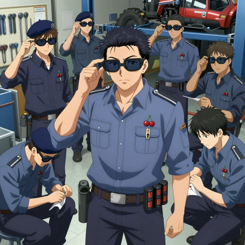 An anime scene showing 1 characters. 1. a male anime character with a broader, muscular build, short spiky hair, light stubble, wearing a neatly buttoned work shirt with epaulets and a zipped front, a utility belt with a small battery pack that connects to his eyeglasses, flat chest with no breasts All characters wear cool blue and silver maintenance crew with a lost at sea aesthetic. Each character wears two small lapel pins — one showing a pair of tiny red cherries joined by a slim green stem and one showing a tiny wooden clothespin with a metal spring. Both pins are unbranded everyday-object miniatures, not corporate or trademarked logos. One character wears a beret. One character has compact filtration mask clipped to the belt. Only one character gestures — the others focus on their tasks without gesturing or pointing. Characters speak to devices, check readings, touch their own fingertips together to transmit data, and wear AR glasses. No character touches a keyboard or looks at a screen. No character waves at the camera. No character faces the viewer directly. The team is treating a literal tractor in a mechanic's garage with tools organized on pegboards and cars on lifts. Exactly 1 characters in this scene — no more, no fewer. One carefully cleans and dresses a wound using sterile supplies. No male character wears a skirt, kilt, or apron over pants or formal shirts. Exactly 1 characters total. The image must contain precisely 1 characters.NO TEXT anywhere in this image — no speech bubbles, no word bubbles, no labels, no signs, no writing of any kind. Anime style, vibrant colors, clean composition, cinematic lighting.