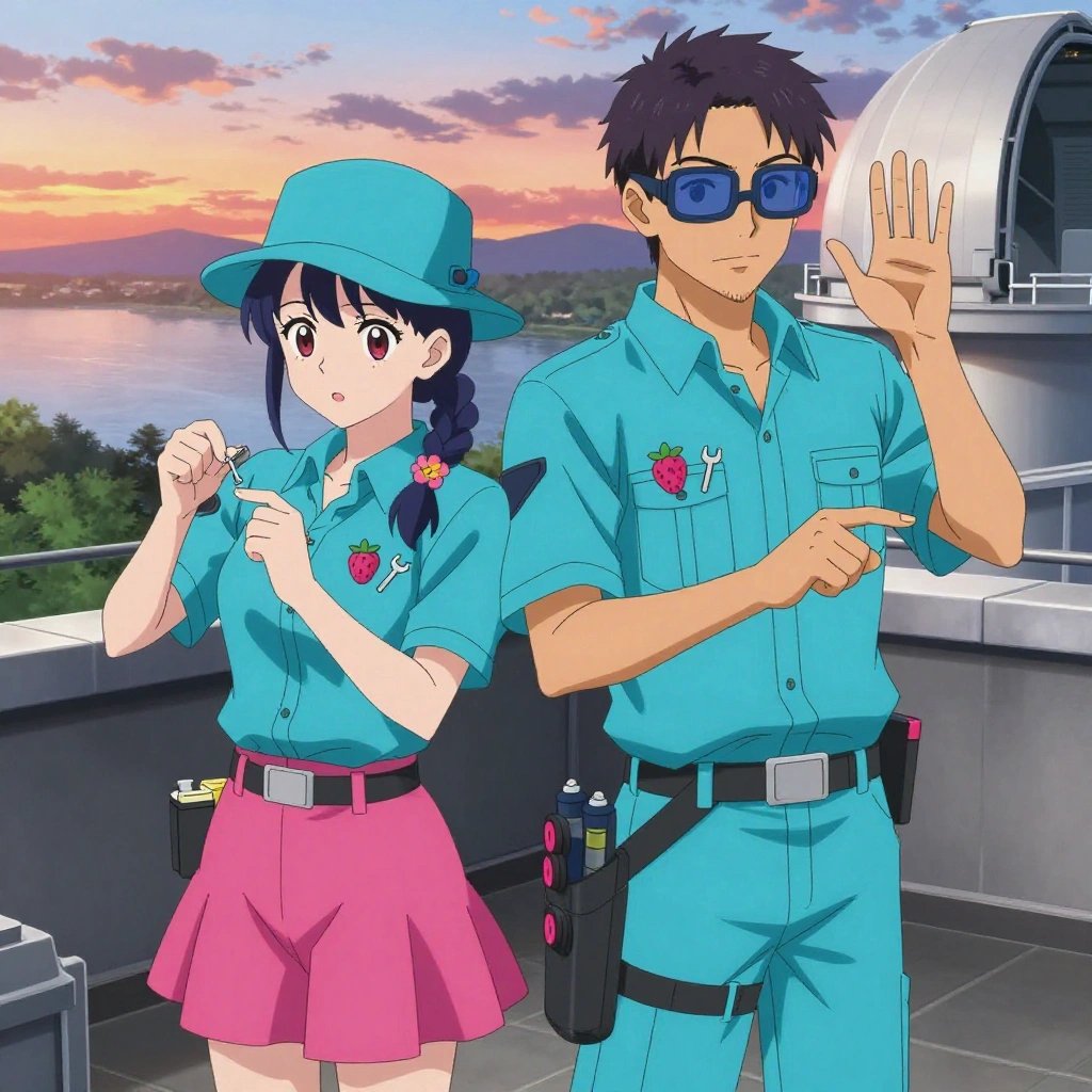 An anime scene showing 2 characters. 1. a female anime character with a petite build, soft features, no facial hair, hair in twin braids with small flower clips 2. a male anime character with a lean, medium build, short textured hair, light stubble, wearing a neatly buttoned utility smock with a buttoned collar and chest flaps closed, a utility belt with a small battery pack that connects to his eyeglasses, flat chest with no breasts All characters wear bright cyan and pink surveying team with a mean girl aesthetic. Each character wears two small lapel pins — one showing a tiny pink raspberry with a hollow center and one showing a tiny silver open-end wrench, miniature. Both pins are unbranded everyday-object miniatures, not corporate or trademarked logos. One character wears a top hat. One character has utility sheathes on the belt for hand tools. Only one character gestures — the others focus on their tasks without gesturing or pointing. Characters speak to devices, check readings, touch their own fingertips together to transmit data, and wear AR glasses. No character touches a keyboard or looks at a screen. No character waves at the camera. No character faces the viewer directly. The team is building a literal observatory in a rooftop terrace at sunset overlooking a wide river. Exactly 2 characters in this scene — no more, no fewer. One assembles components using the correct fasteners and techniques. One sands a surface smooth before applying finish, feeling for imperfections. No male character wears a skirt, kilt, or apron over pants or formal shirts. Exactly 2 characters total. The image must contain precisely 2 characters.NO TEXT anywhere in this image — no speech bubbles, no word bubbles, no labels, no signs, no writing of any kind. Anime style, vibrant colors, clean composition, cinematic lighting.
