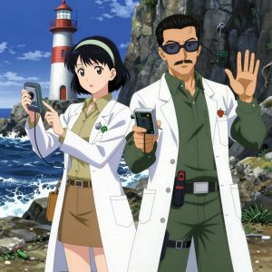 An anime scene showing 2 characters. 1. a female anime character with a slim build, gentle features, no facial hair, hair in a bob with a headband 2. a male anime character with a fit, medium build, short slicked-back hair, light mustache, wearing a neatly buttoned work polo with a collared neck and buttoned cuffs, a utility belt with a small battery pack that connects to his eyeglasses, flat chest with no breasts All characters wear earthy green and tan medical team (white lab coats) with a valentine's day aesthetic. Each character wears two small lapel pins β one showing the the Apple logo β an apple with a bite taken from the right side, metallic silver (real brand), and one showing the lowercase lambda letter in a circle, green logo (abstract). One character wears a top hat. One character has utility sheathes on the belt for hand tools. Only one character gestures β the others focus on their tasks without gesturing or pointing. Characters speak to devices, check readings, touch their own fingertips together to transmit data, and wear AR glasses. No character touches a keyboard or looks at a screen. No character waves at the camera. No character faces the viewer directly. The team is programming a literal lighthouse in a rocky coastline with waves crashing against dark stone cliffs. Exactly 2 characters in this scene β no more, no fewer. One troubleshoots a flaky network connection, checking configs and physical links. One deploys an update to production, watching dashboards for anomalies. No male character wears a skirt, kilt, or apron over pants or formal shirts. Exactly 2 characters total. The image must contain precisely 2 characters.NO TEXT anywhere in this image β no speech bubbles, no word bubbles, no labels, no signs, no writing of any kind. Anime style, vibrant colors, clean composition, cinematic lighting.