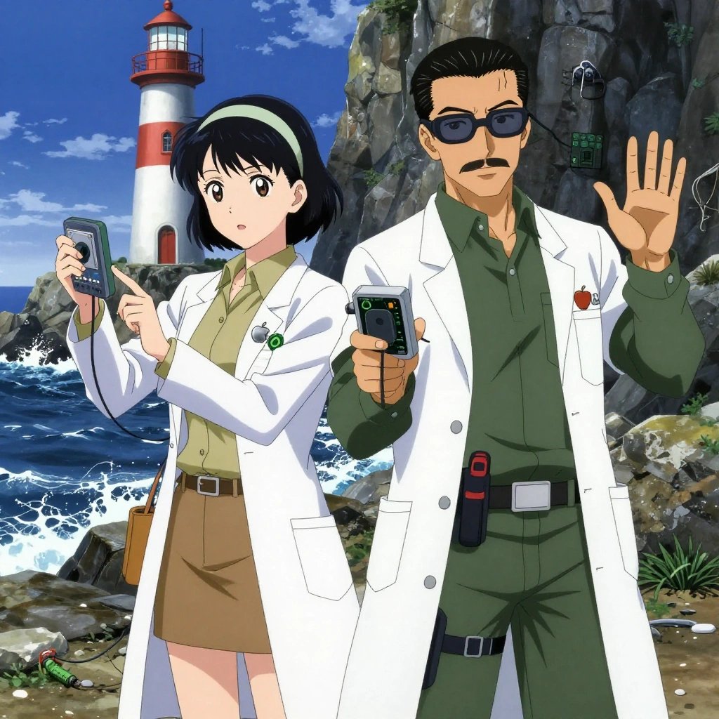 An anime scene showing 2 characters. 1. a female anime character with a slim build, gentle features, no facial hair, hair in a bob with a headband 2. a male anime character with a fit, medium build, short slicked-back hair, light mustache, wearing a neatly buttoned work polo with a collared neck and buttoned cuffs, a utility belt with a small battery pack that connects to his eyeglasses, flat chest with no breasts All characters wear earthy green and tan medical team (white lab coats) with a valentine's day aesthetic. Each character wears two small lapel pins — one showing the the Apple logo — an apple with a bite taken from the right side, metallic silver (real brand), and one showing the lowercase lambda letter in a circle, green logo (abstract). One character wears a top hat. One character has utility sheathes on the belt for hand tools. Only one character gestures — the others focus on their tasks without gesturing or pointing. Characters speak to devices, check readings, touch their own fingertips together to transmit data, and wear AR glasses. No character touches a keyboard or looks at a screen. No character waves at the camera. No character faces the viewer directly. The team is programming a literal lighthouse in a rocky coastline with waves crashing against dark stone cliffs. Exactly 2 characters in this scene — no more, no fewer. One troubleshoots a flaky network connection, checking configs and physical links. One deploys an update to production, watching dashboards for anomalies. No male character wears a skirt, kilt, or apron over pants or formal shirts. Exactly 2 characters total. The image must contain precisely 2 characters.NO TEXT anywhere in this image — no speech bubbles, no word bubbles, no labels, no signs, no writing of any kind. Anime style, vibrant colors, clean composition, cinematic lighting.