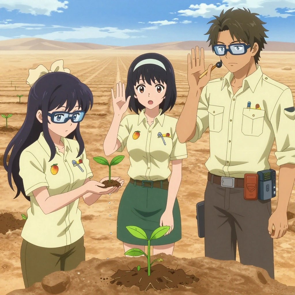 An anime scene showing 3 characters. 1. a female anime character with a petite build, cute face, no facial hair, long hair with a bow hair accessory 2. a female anime character with a slim build, gentle features, no facial hair, hair in a bob with a headband 3. a male anime character with a lean, wiry build, short wavy hair, clean-shaven, wearing a neatly buttoned utility shirt with a buttoned collar and chest pockets snapped shut, a utility belt with a small battery pack that connects to his eyeglasses, flat chest with no breasts All characters wear light yellow and cream engineering team with a spring break aesthetic. Each character wears two small lapel pins — one showing a tiny yellow-orange mango with a hint of red blush and one showing a tiny flathead screwdriver with a clear handle. Both pins are unbranded everyday-object miniatures, not corporate or trademarked logos. One character wears a fedora. One character has hearing protection with built-in radio. Only one character gestures — the others focus on their tasks without gesturing or pointing. Characters speak to devices, check readings, touch their own fingertips together to transmit data, and wear AR glasses. No character touches a keyboard or looks at a screen. No character waves at the camera. No character faces the viewer directly. The team is cultivating a literal amphitheater in a dusty desert road stretching to the horizon under a blazing sun. Exactly 3 characters in this scene — no more, no fewer. One waters a young seedling by hand, checking soil moisture first. One prunes dead growth to encourage healthy new shoots. One applies fertilizer in careful doses around the root zone. No male character wears a skirt, kilt, or apron over pants or formal shirts. Exactly 3 characters total. The image must contain precisely 3 characters.NO TEXT anywhere in this image — no speech bubbles, no word bubbles, no labels, no signs, no writing of any kind. Anime style, vibrant colors, clean composition, cinematic lighting.