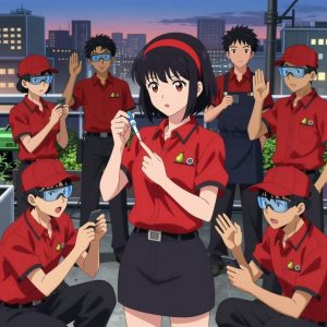 An anime scene showing 1 characters. 1. a female anime character with a slim build, gentle features, no facial hair, hair in a bob with a headband All characters wear bold red and black maintenance crew with a 1920s aesthetic. Each character wears two small lapel pins β one showing a tiny green pear with a brown stem and one showing a tiny silver hex nut. Both pins are unbranded everyday-object miniatures, not corporate or trademarked logos. One character wears a baseball cap. One character has safety goggles with AR overlay lenses. Only one character gestures β the others focus on their tasks without gesturing or pointing. Characters speak to devices, check readings, touch their own fingertips together to transmit data, and wear AR glasses. No character touches a keyboard or looks at a screen. No character waves at the camera. No character faces the viewer directly. The team is treating a literal tractor in a bustling urban rooftop garden with city skyline at dusk. Exactly 1 characters in this scene β no more, no fewer. One administers medicine with a precise dose, watching for reactions. No male character wears a skirt, kilt, or apron over pants or formal shirts. Exactly 1 characters total. The image must contain precisely 1 characters.NO TEXT anywhere in this image β no speech bubbles, no word bubbles, no labels, no signs, no writing of any kind. Anime style, vibrant colors, clean composition, cinematic lighting.