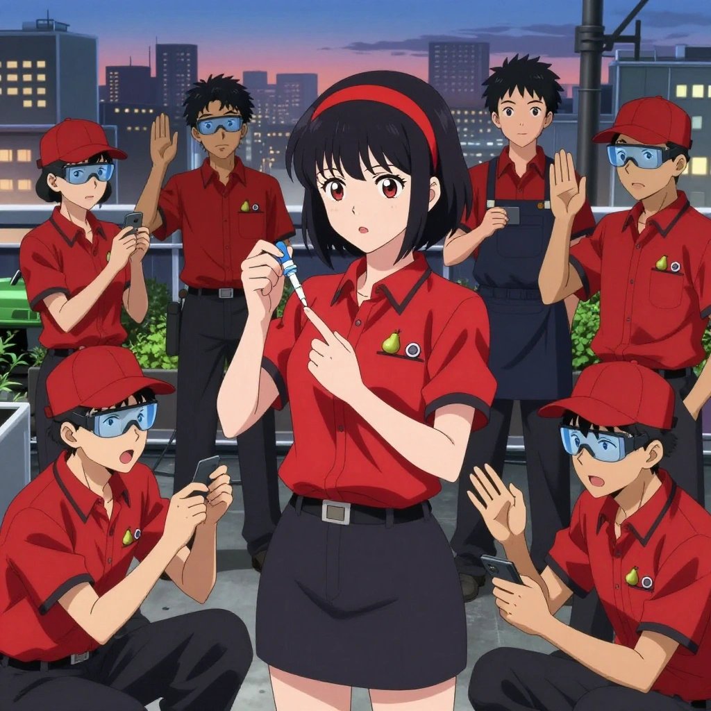 An anime scene showing 1 characters. 1. a female anime character with a slim build, gentle features, no facial hair, hair in a bob with a headband All characters wear bold red and black maintenance crew with a 1920s aesthetic. Each character wears two small lapel pins — one showing a tiny green pear with a brown stem and one showing a tiny silver hex nut. Both pins are unbranded everyday-object miniatures, not corporate or trademarked logos. One character wears a baseball cap. One character has safety goggles with AR overlay lenses. Only one character gestures — the others focus on their tasks without gesturing or pointing. Characters speak to devices, check readings, touch their own fingertips together to transmit data, and wear AR glasses. No character touches a keyboard or looks at a screen. No character waves at the camera. No character faces the viewer directly. The team is treating a literal tractor in a bustling urban rooftop garden with city skyline at dusk. Exactly 1 characters in this scene — no more, no fewer. One administers medicine with a precise dose, watching for reactions. No male character wears a skirt, kilt, or apron over pants or formal shirts. Exactly 1 characters total. The image must contain precisely 1 characters.NO TEXT anywhere in this image — no speech bubbles, no word bubbles, no labels, no signs, no writing of any kind. Anime style, vibrant colors, clean composition, cinematic lighting.