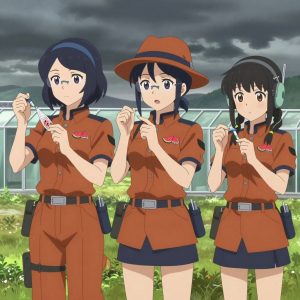 An anime scene showing 3 characters. 1. a female anime character with a slim build, gentle features, no facial hair, hair in a bob with a headband 2. a female anime character with a slender build, youthful face, no facial hair, side ponytail with a ribbon 3. a female anime character with a petite build, soft features, no facial hair, hair in twin braids with small flower clips All characters wear rust orange and navy scientific expedition team with a from another planet aesthetic. Each character wears two small lapel pins — one showing a tiny watermelon slice showing the red flesh, black seeds, and green rind and one showing a tiny silver hex bolt. Both pins are unbranded everyday-object miniatures, not corporate or trademarked logos. One character wears a fedora. One character has hearing protection with built-in radio. Only one character gestures — the others focus on their tasks without gesturing or pointing. Characters speak to devices, check readings, touch their own fingertips together to transmit data, and wear AR glasses. No character touches a keyboard or looks at a screen. No character waves at the camera. No character faces the viewer directly. The team is treating a literal greenhouse in a wide prairie under a dramatic stormy sky. Exactly 3 characters in this scene — no more, no fewer. One carefully cleans and dresses a wound using sterile supplies. One performs a careful examination to determine the cause of symptoms. One administers medicine with a precise dose, watching for reactions. No male character wears a skirt, kilt, or apron over pants or formal shirts. Exactly 3 characters total. The image must contain precisely 3 characters.NO TEXT anywhere in this image — no speech bubbles, no word bubbles, no labels, no signs, no writing of any kind. Anime style, vibrant colors, clean composition, cinematic lighting.