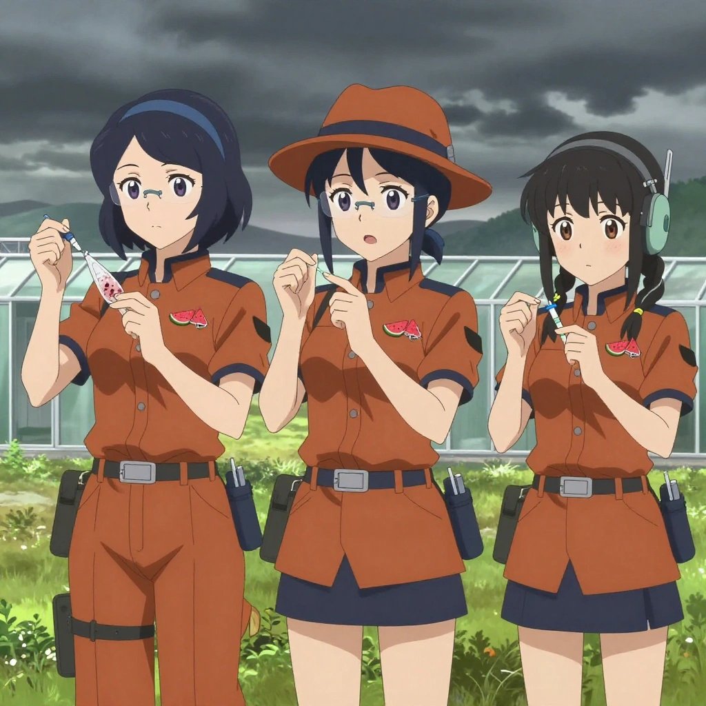 An anime scene showing 3 characters. 1. a female anime character with a slim build, gentle features, no facial hair, hair in a bob with a headband 2. a female anime character with a slender build, youthful face, no facial hair, side ponytail with a ribbon 3. a female anime character with a petite build, soft features, no facial hair, hair in twin braids with small flower clips All characters wear rust orange and navy scientific expedition team with a from another planet aesthetic. Each character wears two small lapel pins — one showing a tiny watermelon slice showing the red flesh, black seeds, and green rind and one showing a tiny silver hex bolt. Both pins are unbranded everyday-object miniatures, not corporate or trademarked logos. One character wears a fedora. One character has hearing protection with built-in radio. Only one character gestures — the others focus on their tasks without gesturing or pointing. Characters speak to devices, check readings, touch their own fingertips together to transmit data, and wear AR glasses. No character touches a keyboard or looks at a screen. No character waves at the camera. No character faces the viewer directly. The team is treating a literal greenhouse in a wide prairie under a dramatic stormy sky. Exactly 3 characters in this scene — no more, no fewer. One carefully cleans and dresses a wound using sterile supplies. One performs a careful examination to determine the cause of symptoms. One administers medicine with a precise dose, watching for reactions. No male character wears a skirt, kilt, or apron over pants or formal shirts. Exactly 3 characters total. The image must contain precisely 3 characters.NO TEXT anywhere in this image — no speech bubbles, no word bubbles, no labels, no signs, no writing of any kind. Anime style, vibrant colors, clean composition, cinematic lighting.