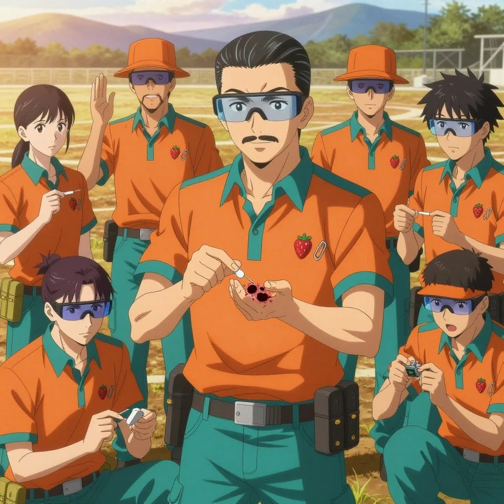 An anime scene showing 1 characters. 1. a male anime character with a fit, medium build, short slicked-back hair, light mustache, wearing a neatly buttoned work polo with a collared neck and buttoned cuffs, a utility belt with a small battery pack that connects to his eyeglasses, flat chest with no breasts All characters wear vibrant orange and teal technical repair team with a valentine's heartbreak aesthetic. Each character wears two small lapel pins — one showing a tiny red strawberry with green leaves, round and bright and one showing a tiny silver paperclip. Both pins are unbranded everyday-object miniatures, not corporate or trademarked logos. One character wears a top hat. One character has safety goggles with AR overlay lenses. Only one character gestures — the others focus on their tasks without gesturing or pointing. Characters speak to devices, check readings, touch their own fingertips together to transmit data, and wear AR glasses. No character touches a keyboard or looks at a screen. No character waves at the camera. No character faces the viewer directly. The team is treating a literal amphitheater in an open field at golden hour with distant mountains and dry grass. Exactly 1 characters in this scene — no more, no fewer. One carefully cleans and dresses a wound using sterile supplies. No male character wears a skirt, kilt, or apron over pants or formal shirts. Exactly 1 characters total. The image must contain precisely 1 characters.NO TEXT anywhere in this image — no speech bubbles, no word bubbles, no labels, no signs, no writing of any kind. Anime style, vibrant colors, clean composition, cinematic lighting.