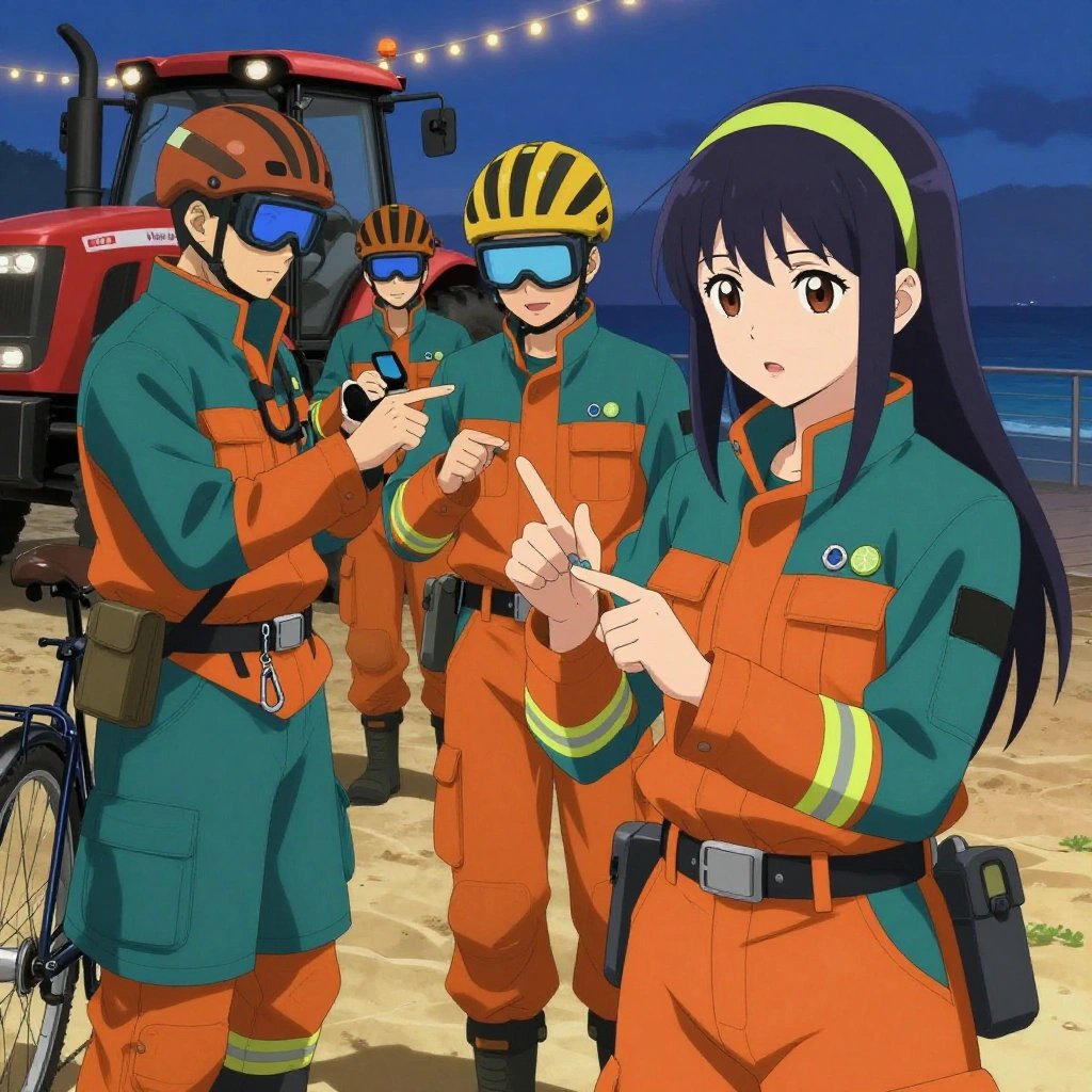 An anime scene showing 1 characters. 1. a female anime character with a petite build, expressive eyes, no facial hair, long straight hair with a ribbon headband All characters wear teal and burnt orange search and rescue team with a vampire aesthetic. Each character wears two small lapel pins — one showing a tiny lime wedge showing the green rind and pale flesh and one showing a tiny silver hex nut. Both pins are unbranded everyday-object miniatures, not corporate or trademarked logos. One character wears a bicycle helmet. One character has compact respirator hanging from a carabiner. Only one character gestures — the others focus on their tasks without gesturing or pointing. Characters speak to devices, check readings, touch their own fingertips together to transmit data, and wear AR glasses. No character touches a keyboard or looks at a screen. No character waves at the camera. No character faces the viewer directly. The team is measuring a literal tractor in a beachside boardwalk at twilight with string lights and warm sand. Exactly 1 characters in this scene — no more, no fewer. One verifies dimensions with a precision tool, comparing to the specification. No male character wears a skirt, kilt, or apron over pants or formal shirts. Exactly 1 characters total. The image must contain precisely 1 characters.NO TEXT anywhere in this image — no speech bubbles, no word bubbles, no labels, no signs, no writing of any kind. Anime style, vibrant colors, clean composition, cinematic lighting.