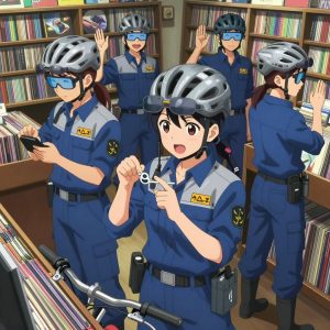 An anime scene showing 1 characters. 1. a female anime character with a petite build, soft features, no facial hair, hair in twin braids with small flower clips All characters wear cool blue and silver hazardous disposal team with a happy aesthetic. Each character wears two small lapel pins — one showing the the Amazon logo — a smile arrow from A to Z in black on orange text (real brand), and one showing the stylized S or swirl with a vertical line through it, blue and white logo (abstract). One character wears a bicycle helmet. One character has hearing protection with built-in radio. Only one character gestures — the others focus on their tasks without gesturing or pointing. Characters speak to devices, check readings, touch their own fingertips together to transmit data, and wear AR glasses. No character touches a keyboard or looks at a screen. No character waves at the camera. No character faces the viewer directly. The team is repairing a literal amphitheater in a vintage record store filled with colorful album spines. Exactly 1 characters in this scene — no more, no fewer. One replaces a worn component with a fresh part, checking the fit twice. No male character wears a skirt, kilt, or apron over pants or formal shirts. Exactly 1 characters total. The image must contain precisely 1 characters.NO TEXT anywhere in this image — no speech bubbles, no word bubbles, no labels, no signs, no writing of any kind. Anime style, vibrant colors, clean composition, cinematic lighting.
