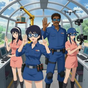 An anime scene showing 4 characters. 1. a female anime character with a petite build, expressive eyes, no facial hair, long straight hair with a ribbon headband 2. a male anime character with a lean, medium build, short textured hair, light stubble, wearing a neatly buttoned utility smock with a buttoned collar and chest flaps closed, a utility belt with a small battery pack that connects to his eyeglasses, flat chest with no breasts 3. a male anime character with a tall, rugged build, short dreadlock hair, thick mustache, wearing a neatly buttoned utility jacket with a mandarin collar and two chest pockets, a utility belt with a small battery pack that connects to his eyeglasses, flat chest with no breasts 4. a female anime character with a slender build, youthful face, no facial hair, side ponytail with a ribbon All characters wear soft blue and peach engineering team with a vampire aesthetic. Each character wears two small lapel pins — one showing the the Stripe logo — two diagonal lines forming a forward slash through a red circle (real brand), and one showing the uppercase B with two crossed vertical lines through it logo (abstract). One character wears a baseball cap. One character has knee pads with built-in tool pouches. Character #3 making the call me sign — thumb and pinky extended, moving hand toward ear and back out, clearly visible, hands large and clearly visible in the foreground. Only one character gestures — the others focus on their tasks without gesturing or pointing. Characters speak to devices, check readings, touch their own fingertips together to transmit data, and wear AR glasses. No character touches a keyboard or looks at a screen. No character waves at the camera. No character faces the viewer directly. The team is operating a literal greenhouse in a small airplane cockpit with instruments and blue sky beyond the windscreen. Exactly 4 characters in this scene — no more, no fewer. One drives a vehicle steadily along a route, eyes on the road or path. One controls a crane or lift, moving materials with precision and care. One pilots a drone through a pre-planned flight path, monitoring telemetry. One operates a camera on a stabilized rig, framing the shot perfectly. No male character wears a skirt, kilt, or apron over pants or formal shirts. Exactly 4 characters total. The image must contain precisely 4 characters.NO TEXT anywhere in this image — no speech bubbles, no word bubbles, no labels, no signs, no writing of any kind. Anime style, vibrant colors, clean composition, cinematic lighting.