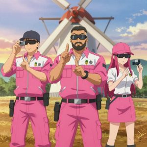 An anime scene showing 3 characters. 1. a male anime character with a broader, muscular build, short spiky hair, light stubble, wearing a neatly buttoned work shirt with epaulets and a zipped front, a utility belt with a small battery pack that connects to his eyeglasses, flat chest with no breasts 2. a male anime character with a stocky, strong build, short undercut hair, full beard, wearing a neatly buttoned work jacket with a full zip front and rolled sleeves, a utility belt with a small battery pack that connects to his eyeglasses, flat chest with no breasts 3. a female anime character with a smaller build, cute face, no facial hair, long hair with a ribbon tied at the end All characters wear bright pink and white engineering team with a sport aesthetic. Each character wears two small lapel pins β one showing a tiny stylized pineapple charm in yellow and green and one showing a tiny silver hex bolt. Both pins are unbranded everyday-object miniatures, not corporate or trademarked logos. One character wears a flat cap. One character has wrist-mounted calibration scope. Only one character gestures β the others focus on their tasks without gesturing or pointing. Characters speak to devices, check readings, touch their own fingertips together to transmit data, and wear AR glasses. No character touches a keyboard or looks at a screen. No character waves at the camera. No character faces the viewer directly. The team is practicing a literal windmill in an open field at golden hour with distant mountains and dry grass. Exactly 3 characters in this scene β no more, no fewer. One practices a difficult passage with full concentration, building muscle memory. One performs with genuine expression, letting the music carry the emotion. One trains hard on a course, learning from each previous attempt. No male character wears a skirt, kilt, or apron over pants or formal shirts. Exactly 3 characters total. The image must contain precisely 3 characters.NO TEXT anywhere in this image β no speech bubbles, no word bubbles, no labels, no signs, no writing of any kind. Anime style, vibrant colors, clean composition, cinematic lighting.