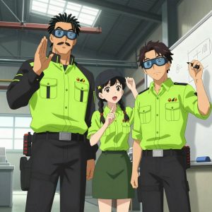 An anime scene showing 3 characters. 1. a male anime character with a tall, rugged build, short dreadlock hair, thick mustache, wearing a neatly buttoned utility jacket with a mandarin collar and two chest pockets, a utility belt with a small battery pack that connects to his eyeglasses, flat chest with no breasts 2. a female anime character with a petite build, soft features, no facial hair, hair in twin braids with small flower clips 3. a male anime character with a lean, wiry build, short wavy hair, clean-shaven, wearing a neatly buttoned utility shirt with a buttoned collar and chest pockets snapped shut, a utility belt with a small battery pack that connects to his eyeglasses, flat chest with no breasts All characters wear neon green and black maintenance crew with a spring aesthetic. Each character wears two small lapel pins — one showing the the Stripe logo — two diagonal lines forming a forward slash through a red circle (real brand), and one showing the gradient circle with a stylized wave S-mark inside logo (abstract). One character wears a flat cap. One character has fingertip caps for precision work. Only one character gestures — the others focus on their tasks without gesturing or pointing. Characters speak to devices, check readings, touch their own fingertips together to transmit data, and wear AR glasses. No character touches a keyboard or looks at a screen. No character waves at the camera. No character faces the viewer directly. The team is teaching a literal ski lift in an industrial warehouse with natural light streaming through skylights. Exactly 3 characters in this scene — no more, no fewer. One reviews someone's work and gives specific, actionable feedback. One writes key concepts on a whiteboard while explaining the reasoning. One guides a student through a correction, offering encouragement. No male character wears a skirt, kilt, or apron over pants or formal shirts. Exactly 3 characters total. The image must contain precisely 3 characters.NO TEXT anywhere in this image — no speech bubbles, no word bubbles, no labels, no signs, no writing of any kind. Anime style, vibrant colors, clean composition, cinematic lighting.