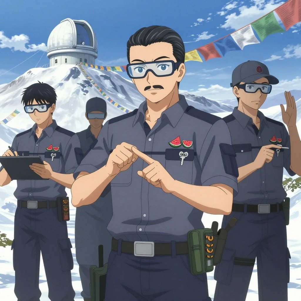 An anime scene showing 1 characters. 1. a male anime character with a fit, medium build, short slicked-back hair, light mustache, wearing a neatly buttoned work polo with a collared neck and buttoned cuffs, a utility belt with a small battery pack that connects to his eyeglasses, flat chest with no breasts All characters wear muted rose and gray hazardous disposal team with a blue aesthetic. Each character wears two small lapel pins — one showing a tiny watermelon slice showing the red flesh, black seeds, and green rind and one showing a tiny silver key blank with a simple round bow. Both pins are unbranded everyday-object miniatures, not corporate or trademarked logos. One character wears a baseball cap. One character has utility sheathes on the belt for hand tools. Only one character gestures — the others focus on their tasks without gesturing or pointing. Characters speak to devices, check readings, touch their own fingertips together to transmit data, and wear AR glasses. No character touches a keyboard or looks at a screen. No character waves at the camera. No character faces the viewer directly. The team is programming a literal observatory in a snowy mountain peak with prayer flags waving in strong wind. Exactly 1 characters in this scene — no more, no fewer. One writes and tests code, iterating based on what runs correctly. No male character wears a skirt, kilt, or apron over pants or formal shirts. Exactly 1 characters total. The image must contain precisely 1 characters.NO TEXT anywhere in this image — no speech bubbles, no word bubbles, no labels, no signs, no writing of any kind. Anime style, vibrant colors, clean composition, cinematic lighting.