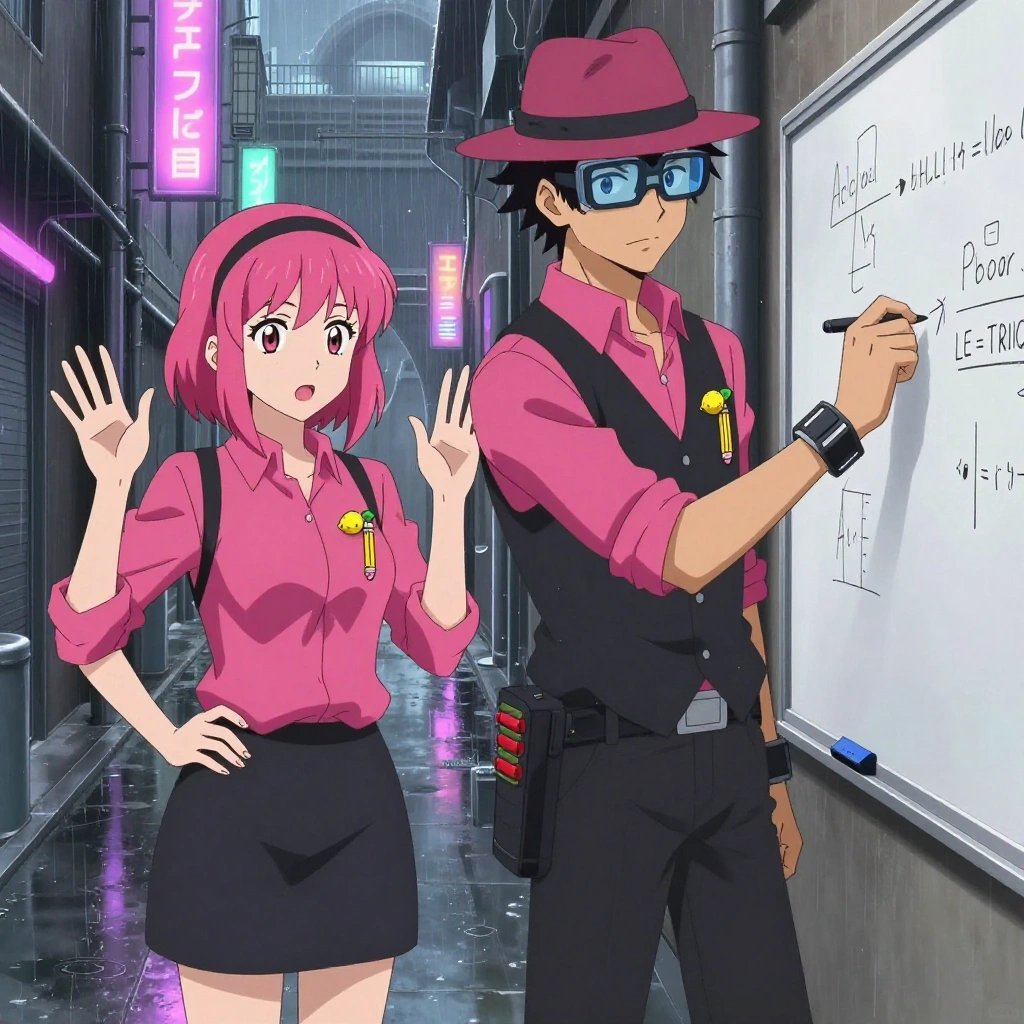 An anime scene showing 2 characters. 1. a female anime character with a slim build, gentle features, no facial hair, hair in a bob with a headband 2. a male anime character with a tall, lean build, short messy hair, clean-shaven, wearing a neatly pressed collared button-up with a vest over top, a utility belt with a small battery pack that connects to his eyeglasses, flat chest with no breasts All characters wear hot pink and black field research team with a museum vault aesthetic. Each character wears two small lapel pins — one showing a tiny yellow lemon with a small green leaf attached and one showing a tiny sharpened yellow pencil with a pink eraser. Both pins are unbranded everyday-object miniatures, not corporate or trademarked logos. One character wears a fedora. One character has magnetic screwdriver wristband. Only one character gestures — the others focus on their tasks without gesturing or pointing. Characters speak to devices, check readings, touch their own fingertips together to transmit data, and wear AR glasses. No character touches a keyboard or looks at a screen. No character waves at the camera. No character faces the viewer directly. The team is teaching a literal space station in a rain-soaked city alley with neon signs reflecting in puddles. Exactly 2 characters in this scene — no more, no fewer. One demonstrates a technique with patience, making sure the learner follows each step. One writes key concepts on a whiteboard while explaining the reasoning. No male character wears a skirt, kilt, or apron over pants or formal shirts. Exactly 2 characters total. The image must contain precisely 2 characters.NO TEXT anywhere in this image — no speech bubbles, no word bubbles, no labels, no signs, no writing of any kind. Anime style, vibrant colors, clean composition, cinematic lighting.