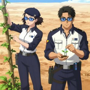 An anime scene showing 2 characters. 1. a male anime character with a broader, muscular build, short spiky hair, light stubble, wearing a neatly buttoned work shirt with epaulets and a zipped front, a utility belt with a small battery pack that connects to his eyeglasses, flat chest with no breasts 2. a female anime character with a smaller build, soft smile, no facial hair, hair in loose curls with a small hair clip All characters wear navy and soft white fishing trawler crew with a me in 10 years aesthetic. Each character wears two small lapel pins β one showing the the Google logo β four colored letters G o o g in bold, blue red yellow blue (real brand), and one showing the uppercase B with two crossed vertical lines through it logo (abstract). One character wears a beret. One character has fingertip caps for precision work. Only one character gestures β the others focus on their tasks without gesturing or pointing. Characters speak to devices, check readings, touch their own fingertips together to transmit data, and wear AR glasses. No character touches a keyboard or looks at a screen. No character waves at the camera. No character faces the viewer directly. The team is cultivating a literal lookout tower in a dusty desert road stretching to the horizon under a blazing sun. Exactly 2 characters in this scene β no more, no fewer. One trellises a climbing plant, guiding it along a support with gentle care. One waters a young seedling by hand, checking soil moisture first. No male character wears a skirt, kilt, or apron over pants or formal shirts. Exactly 2 characters total. The image must contain precisely 2 characters.NO TEXT anywhere in this image β no speech bubbles, no word bubbles, no labels, no signs, no writing of any kind. Anime style, vibrant colors, clean composition, cinematic lighting.