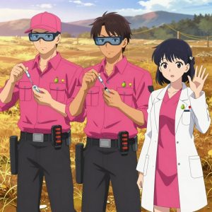 An anime scene showing 3 characters. 1. a male anime character with a lean, medium build, short textured hair, light stubble, wearing a neatly buttoned utility smock with a buttoned collar and chest flaps closed, a utility belt with a small battery pack that connects to his eyeglasses, flat chest with no breasts 2. a male anime character with a lean, wiry build, short wavy hair, clean-shaven, wearing a neatly buttoned utility shirt with a buttoned collar and chest pockets snapped shut, a utility belt with a small battery pack that connects to his eyeglasses, flat chest with no breasts 3. a female anime character with a petite build, soft features, no facial hair, hair in twin braids with small flower clips All characters wear hot pink and black medical team (white lab coats) with a museum vault aesthetic. Each character wears two small lapel pins β one showing a tiny green pear with a brown stem and one showing a tiny round-headed pushpin in a bright color. Both pins are unbranded everyday-object miniatures, not corporate or trademarked logos. One character wears a baseball cap. One character has compact filtration mask clipped to the belt. Character #3 waving goodbye β open hand moving side to side, clearly visible, hands large and clearly visible in the foreground. Only one character gestures β the others focus on their tasks without gesturing or pointing. Characters speak to devices, check readings, touch their own fingertips together to transmit data, and wear AR glasses. No character touches a keyboard or looks at a screen. No character waves at the camera. No character faces the viewer directly. The team is treating a literal sawmill in an open field at golden hour with distant mountains and dry grass. Exactly 3 characters in this scene β no more, no fewer. One carefully cleans and dresses a wound using sterile supplies. One administers medicine with a precise dose, watching for reactions. One performs a careful examination to determine the cause of symptoms. No male character wears a skirt, kilt, or apron over pants or formal shirts. Exactly 3 characters total. The image must contain precisely 3 characters.NO TEXT anywhere in this image β no speech bubbles, no word bubbles, no labels, no signs, no writing of any kind. Anime style, vibrant colors, clean composition, cinematic lighting.