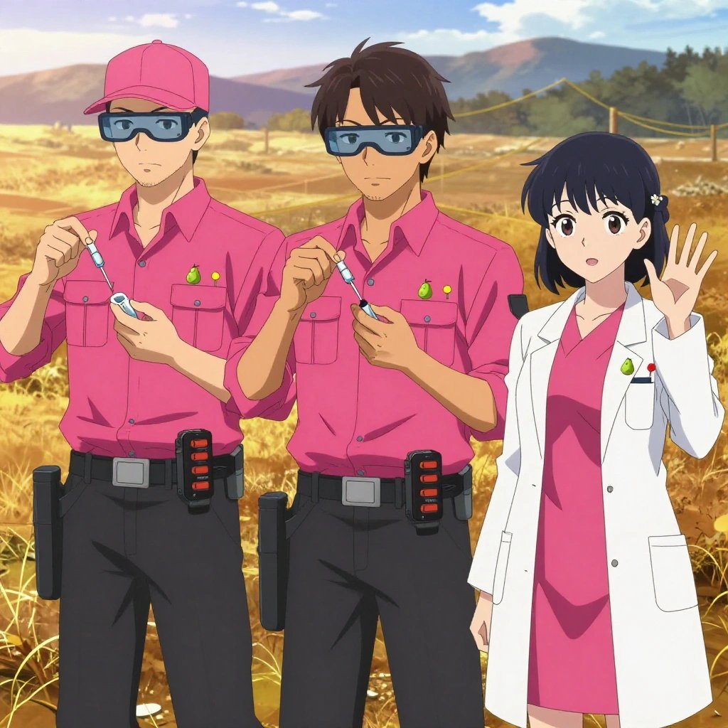 An anime scene showing 3 characters. 1. a male anime character with a lean, medium build, short textured hair, light stubble, wearing a neatly buttoned utility smock with a buttoned collar and chest flaps closed, a utility belt with a small battery pack that connects to his eyeglasses, flat chest with no breasts 2. a male anime character with a lean, wiry build, short wavy hair, clean-shaven, wearing a neatly buttoned utility shirt with a buttoned collar and chest pockets snapped shut, a utility belt with a small battery pack that connects to his eyeglasses, flat chest with no breasts 3. a female anime character with a petite build, soft features, no facial hair, hair in twin braids with small flower clips All characters wear hot pink and black medical team (white lab coats) with a museum vault aesthetic. Each character wears two small lapel pins — one showing a tiny green pear with a brown stem and one showing a tiny round-headed pushpin in a bright color. Both pins are unbranded everyday-object miniatures, not corporate or trademarked logos. One character wears a baseball cap. One character has compact filtration mask clipped to the belt. Character #3 waving goodbye — open hand moving side to side, clearly visible, hands large and clearly visible in the foreground. Only one character gestures — the others focus on their tasks without gesturing or pointing. Characters speak to devices, check readings, touch their own fingertips together to transmit data, and wear AR glasses. No character touches a keyboard or looks at a screen. No character waves at the camera. No character faces the viewer directly. The team is treating a literal sawmill in an open field at golden hour with distant mountains and dry grass. Exactly 3 characters in this scene — no more, no fewer. One carefully cleans and dresses a wound using sterile supplies. One administers medicine with a precise dose, watching for reactions. One performs a careful examination to determine the cause of symptoms. No male character wears a skirt, kilt, or apron over pants or formal shirts. Exactly 3 characters total. The image must contain precisely 3 characters.NO TEXT anywhere in this image — no speech bubbles, no word bubbles, no labels, no signs, no writing of any kind. Anime style, vibrant colors, clean composition, cinematic lighting.
