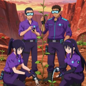 An anime scene showing 4 characters. 1. a female anime character with a slender build, youthful face, no facial hair, side ponytail with a ribbon 2. a male anime character with a tall, sturdy build, short side-part hair, light goatee, wearing a neatly buttoned collared work shirt with sleeves rolled up, a utility belt with a small battery pack that connects to his eyeglasses, flat chest with no breasts 3. a male anime character with a broader, muscular build, short spiky hair, light stubble, wearing a neatly buttoned work shirt with epaulets and a zipped front, a utility belt with a small battery pack that connects to his eyeglasses, flat chest with no breasts 4. a female anime character with a petite build, expressive eyes, no facial hair, long straight hair with a ribbon headband All characters wear electric purple and cyan technical repair team with a valentine's heartbreak aesthetic. Each character wears two small lapel pins β one showing the the Solana logo β a gradient circle with a stylized wave S-mark inside, purple and teal (real brand), and one showing the stylized S or swirl with a vertical line through it, blue and white logo (abstract). One character wears a beanie. One character has elbow braces with integrated joint lights. Only one character gestures β the others focus on their tasks without gesturing or pointing. Characters speak to devices, check readings, touch their own fingertips together to transmit data, and wear AR glasses. No character touches a keyboard or looks at a screen. No character waves at the camera. No character faces the viewer directly. The team is cultivating a literal tractor in a wide canyon with layered red rock walls glowing at sunset. Exactly 4 characters in this scene β no more, no fewer. One applies fertilizer in careful doses around the root zone. One prunes dead growth to encourage healthy new shoots. One trellises a climbing plant, guiding it along a support with gentle care. One waters a young seedling by hand, checking soil moisture first. No male character wears a skirt, kilt, or apron over pants or formal shirts. Exactly 4 characters total. The image must contain precisely 4 characters.NO TEXT anywhere in this image β no speech bubbles, no word bubbles, no labels, no signs, no writing of any kind. Anime style, vibrant colors, clean composition, cinematic lighting.
