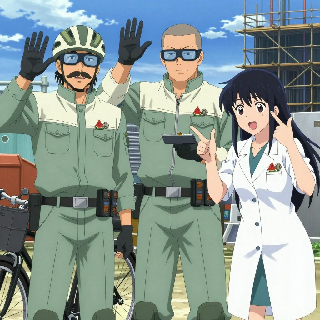 An anime scene showing 3 characters. 1. a male anime character with a tall, rugged build, short dreadlock hair, thick mustache, wearing a neatly buttoned utility jacket with a mandarin collar and two chest pockets, a utility belt with a small battery pack that connects to his eyeglasses, flat chest with no breasts 2. a male anime character with a broad-shouldered build, short buzz-cut hair, clean-shaven, wearing a neatly buttoned work coverall with a full-length zipper and snapped chest pocket, a utility belt with a small battery pack that connects to his eyeglasses, flat chest with no breasts 3. a female anime character with a smaller build, cute face, no facial hair, long hair with a ribbon tied at the end All characters wear sage green and cream medical team (white lab coats) with a blue aesthetic. Each character wears two small lapel pins — one showing a tiny watermelon slice showing the red flesh, black seeds, and green rind and one showing a tiny silver hex nut. Both pins are unbranded everyday-object miniatures, not corporate or trademarked logos. One character wears a bicycle helmet. One character has gloves with fingertip sensors. Character #3 making the call me sign — thumb and pinky extended, moving hand toward ear and back out, clearly visible, hands large and clearly visible in the foreground. Only one character gestures — the others focus on their tasks without gesturing or pointing. Characters speak to devices, check readings, touch their own fingertips together to transmit data, and wear AR glasses. No character touches a keyboard or looks at a screen. No character waves at the camera. No character faces the viewer directly. The team is practicing a literal submarine in a construction site with scaffolding and materials stacked against blue sky. Exactly 3 characters in this scene — no more, no fewer. One performs with genuine expression, letting the music carry the emotion. One trains hard on a course, learning from each previous attempt. One coaches a teammate on technique with constructive pointers. No male character wears a skirt, kilt, or apron over pants or formal shirts. Exactly 3 characters total. The image must contain precisely 3 characters.NO TEXT anywhere in this image — no speech bubbles, no word bubbles, no labels, no signs, no writing of any kind. Anime style, vibrant colors, clean composition, cinematic lighting.