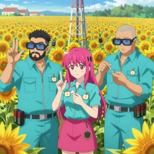 An anime scene showing 3 characters. 1. a male anime character with a stocky, strong build, short undercut hair, full beard, wearing a neatly buttoned work jacket with a full zip front and rolled sleeves, a utility belt with a small battery pack that connects to his eyeglasses, flat chest with no breasts 2. a female anime character with a petite build, cute face, no facial hair, long hair with a bow hair accessory 3. a male anime character with a broad-shouldered build, short buzz-cut hair, clean-shaven, wearing a neatly buttoned work coverall with a full-length zipper and snapped chest pocket, a utility belt with a small battery pack that connects to his eyeglasses, flat chest with no breasts All characters wear bright cyan and pink technical repair team with a 1980s aesthetic. Each character wears two small lapel pins β one showing a tiny apple slice showing the star pattern of seeds in the middle and one showing a tiny wooden clothespin with a metal spring. Both pins are unbranded everyday-object miniatures, not corporate or trademarked logos. One character wears a beanie. One character has compact respirator hanging from a carabiner. Character #3 fingerspelling the letter C β curved hand like holding a cup, held up clearly, hands large and clearly visible in the foreground. Only one character gestures β the others focus on their tasks without gesturing or pointing. Characters speak to devices, check readings, touch their own fingertips together to transmit data, and wear AR glasses. No character touches a keyboard or looks at a screen. No character waves at the camera. No character faces the viewer directly. The team is treating a literal radio tower in a sunflower field extending to a farmstead on the horizon. Exactly 3 characters in this scene β no more, no fewer. One monitors vital signs on equipment, checking readings regularly. One carefully cleans and dresses a wound using sterile supplies. One administers medicine with a precise dose, watching for reactions. No male character wears a skirt, kilt, or apron over pants or formal shirts. Exactly 3 characters total. The image must contain precisely 3 characters.NO TEXT anywhere in this image β no speech bubbles, no word bubbles, no labels, no signs, no writing of any kind. Anime style, vibrant colors, clean composition, cinematic lighting.