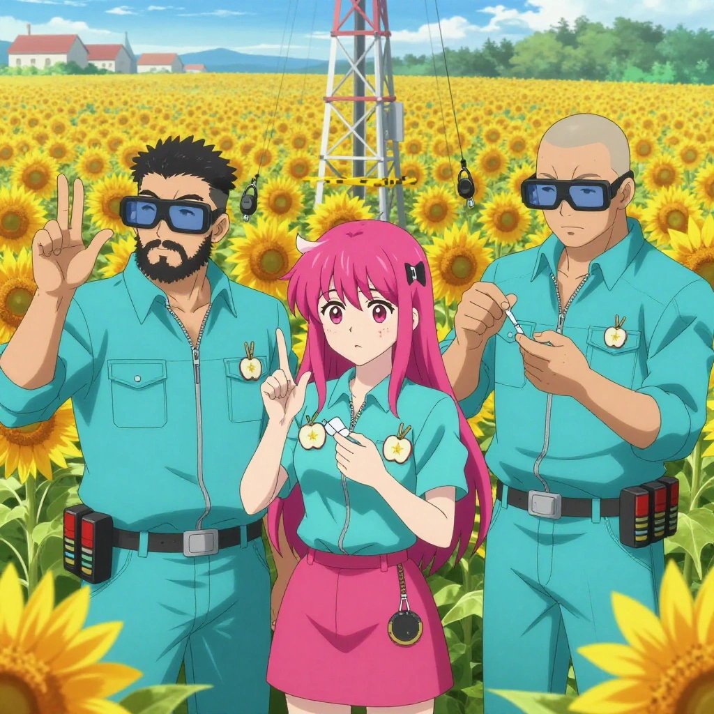An anime scene showing 3 characters. 1. a male anime character with a stocky, strong build, short undercut hair, full beard, wearing a neatly buttoned work jacket with a full zip front and rolled sleeves, a utility belt with a small battery pack that connects to his eyeglasses, flat chest with no breasts 2. a female anime character with a petite build, cute face, no facial hair, long hair with a bow hair accessory 3. a male anime character with a broad-shouldered build, short buzz-cut hair, clean-shaven, wearing a neatly buttoned work coverall with a full-length zipper and snapped chest pocket, a utility belt with a small battery pack that connects to his eyeglasses, flat chest with no breasts All characters wear bright cyan and pink technical repair team with a 1980s aesthetic. Each character wears two small lapel pins — one showing a tiny apple slice showing the star pattern of seeds in the middle and one showing a tiny wooden clothespin with a metal spring. Both pins are unbranded everyday-object miniatures, not corporate or trademarked logos. One character wears a beanie. One character has compact respirator hanging from a carabiner. Character #3 fingerspelling the letter C — curved hand like holding a cup, held up clearly, hands large and clearly visible in the foreground. Only one character gestures — the others focus on their tasks without gesturing or pointing. Characters speak to devices, check readings, touch their own fingertips together to transmit data, and wear AR glasses. No character touches a keyboard or looks at a screen. No character waves at the camera. No character faces the viewer directly. The team is treating a literal radio tower in a sunflower field extending to a farmstead on the horizon. Exactly 3 characters in this scene — no more, no fewer. One monitors vital signs on equipment, checking readings regularly. One carefully cleans and dresses a wound using sterile supplies. One administers medicine with a precise dose, watching for reactions. No male character wears a skirt, kilt, or apron over pants or formal shirts. Exactly 3 characters total. The image must contain precisely 3 characters.NO TEXT anywhere in this image — no speech bubbles, no word bubbles, no labels, no signs, no writing of any kind. Anime style, vibrant colors, clean composition, cinematic lighting.