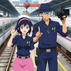 An anime scene showing 2 characters. 1. a female anime character with a slim build, gentle features, no facial hair, hair in a bob with a headband 2. a male anime character with a tall, sturdy build, short side-part hair, light goatee, wearing a neatly buttoned collared work shirt with sleeves rolled up, a utility belt with a small battery pack that connects to his eyeglasses, flat chest with no breasts All characters wear deep indigo and pink technical repair team with a fairy costume aesthetic. Each character wears two small lapel pins — one showing a tiny stylized pineapple charm in yellow and green and one showing a tiny flathead screwdriver with a clear handle. Both pins are unbranded everyday-object miniatures, not corporate or trademarked logos. One character wears a fedora. One character has compact respirator hanging from a carabiner. Only one character gestures — the others focus on their tasks without gesturing or pointing. Characters speak to devices, check readings, touch their own fingertips together to transmit data, and wear AR glasses. No character touches a keyboard or looks at a screen. No character waves at the camera. No character faces the viewer directly. The team is operating a literal aqueduct in a high-speed rail platform with a train arriving in a blur of silver. Exactly 2 characters in this scene — no more, no fewer. One controls a crane or lift, moving materials with precision and care. One operates a camera on a stabilized rig, framing the shot perfectly. No male character wears a skirt, kilt, or apron over pants or formal shirts. Exactly 2 characters total. The image must contain precisely 2 characters.NO TEXT anywhere in this image — no speech bubbles, no word bubbles, no labels, no signs, no writing of any kind. Anime style, vibrant colors, clean composition, cinematic lighting.