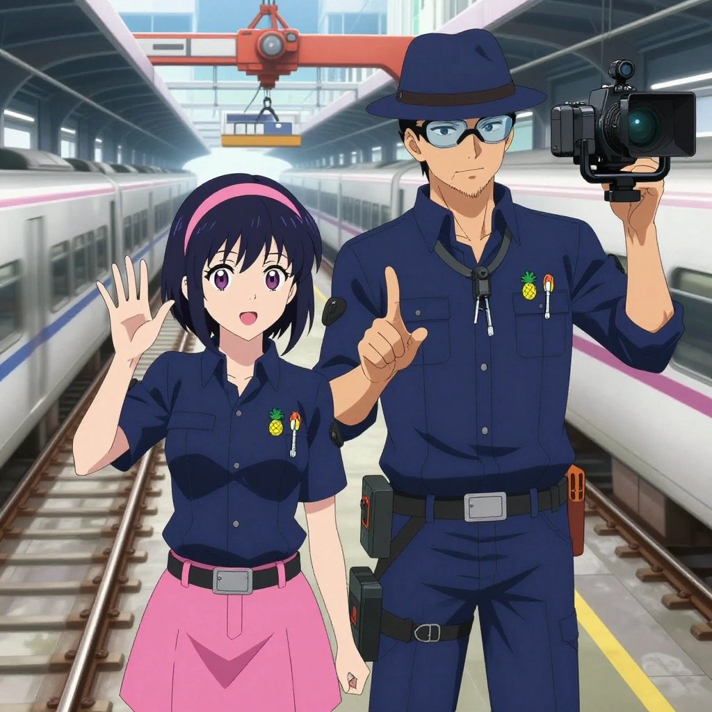 An anime scene showing 2 characters. 1. a female anime character with a slim build, gentle features, no facial hair, hair in a bob with a headband 2. a male anime character with a tall, sturdy build, short side-part hair, light goatee, wearing a neatly buttoned collared work shirt with sleeves rolled up, a utility belt with a small battery pack that connects to his eyeglasses, flat chest with no breasts All characters wear deep indigo and pink technical repair team with a fairy costume aesthetic. Each character wears two small lapel pins — one showing a tiny stylized pineapple charm in yellow and green and one showing a tiny flathead screwdriver with a clear handle. Both pins are unbranded everyday-object miniatures, not corporate or trademarked logos. One character wears a fedora. One character has compact respirator hanging from a carabiner. Only one character gestures — the others focus on their tasks without gesturing or pointing. Characters speak to devices, check readings, touch their own fingertips together to transmit data, and wear AR glasses. No character touches a keyboard or looks at a screen. No character waves at the camera. No character faces the viewer directly. The team is operating a literal aqueduct in a high-speed rail platform with a train arriving in a blur of silver. Exactly 2 characters in this scene — no more, no fewer. One controls a crane or lift, moving materials with precision and care. One operates a camera on a stabilized rig, framing the shot perfectly. No male character wears a skirt, kilt, or apron over pants or formal shirts. Exactly 2 characters total. The image must contain precisely 2 characters.NO TEXT anywhere in this image — no speech bubbles, no word bubbles, no labels, no signs, no writing of any kind. Anime style, vibrant colors, clean composition, cinematic lighting.