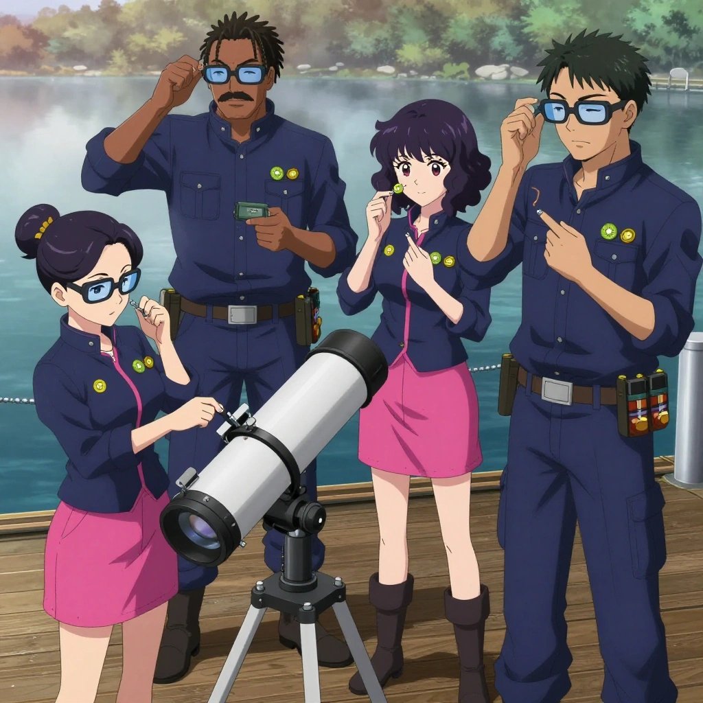 An anime scene showing 4 characters. 1. a female anime character with a small build, no facial hair, hair in a bun with a decorative pin, wearing a skirt 2. a male anime character with a tall, rugged build, short dreadlock hair, thick mustache, wearing a neatly buttoned utility jacket with a mandarin collar and two chest pockets, a utility belt with a small battery pack that connects to his eyeglasses, flat chest with no breasts 3. a female anime character with a smaller build, soft smile, no facial hair, hair in loose curls with a small hair clip 4. a male anime character with a taller, athletic build, short hair, subtle facial hair, wearing a neatly buttoned-up collared shirt with sleeves rolled to the elbows, a utility belt with a small battery pack that connects to his eyeglasses, flat chest with no breasts All characters wear deep indigo and pink technical repair team with a preppy aesthetic. Each character wears two small lapel pins — one showing a tiny kiwi slice showing the green flesh with tiny black seeds and white center and one showing a tiny yellow tape measure coiled into a small circle. Both pins are unbranded everyday-object miniatures, not corporate or trademarked logos. One character wears a newsboy cap. One character has magnetized boot heels for steel surfaces. Only one character gestures — the others focus on their tasks without gesturing or pointing. Characters speak to devices, check readings, touch their own fingertips together to transmit data, and wear AR glasses. No character touches a keyboard or looks at a screen. No character waves at the camera. No character faces the viewer directly. The team is repairing a literal telescope in a calm lakeside dock at dawn with mist rising off the water. Exactly 4 characters in this scene — no more, no fewer. One carefully tightens a bolt with the appropriate tool, working by feel. One replaces a worn component with a fresh part, checking the fit twice. One diagnoses the fault by listening to how the mechanism sounds. One recalibrates the device to factory specifications step by step. No male character wears a skirt, kilt, or apron over pants or formal shirts. Exactly 4 characters total. The image must contain precisely 4 characters.NO TEXT anywhere in this image — no speech bubbles, no word bubbles, no labels, no signs, no writing of any kind. Anime style, vibrant colors, clean composition, cinematic lighting.