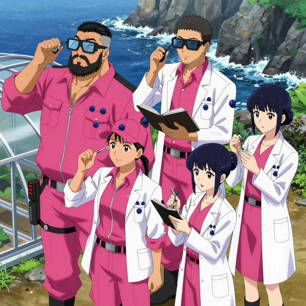 An anime scene showing 4 characters. 1. a male anime character with a stocky, strong build, short undercut hair, full beard, wearing a neatly buttoned work jacket with a full zip front and rolled sleeves, a utility belt with a small battery pack that connects to his eyeglasses, flat chest with no breasts 2. a male anime character with a lean, medium build, short textured hair, light stubble, wearing a neatly buttoned utility smock with a buttoned collar and chest flaps closed, a utility belt with a small battery pack that connects to his eyeglasses, flat chest with no breasts 3. a female anime character with a smaller build, cute face, no facial hair, long hair with a ribbon tied at the end 4. a female anime character with a small build, no facial hair, hair in a bun with a decorative pin, wearing a skirt All characters wear hot pink and black medical team (white lab coats) with a music festival aesthetic. Each character wears two small lapel pins — one showing a tiny dark blue blueberry with a slight dusty bloom and one showing a tiny silver paperclip. Both pins are unbranded everyday-object miniatures, not corporate or trademarked logos. One character wears a newsboy cap. One character has cooling vest worn under the uniform. Only one character gestures — the others focus on their tasks without gesturing or pointing. Characters speak to devices, check readings, touch their own fingertips together to transmit data, and wear AR glasses. No character touches a keyboard or looks at a screen. No character waves at the camera. No character faces the viewer directly. The team is measuring a literal greenhouse in a rocky coastline with waves crashing against dark stone cliffs. Exactly 4 characters in this scene — no more, no fewer. One monitors a readout while adjusting a dial, watching for the target value. One takes a precise reading with a calibrated instrument, recording it in a logbook. One verifies dimensions with a precision tool, comparing to the specification. One weighs or measures a sample, handling it carefully to avoid contamination. No male character wears a skirt, kilt, or apron over pants or formal shirts. Exactly 4 characters total. The image must contain precisely 4 characters.NO TEXT anywhere in this image — no speech bubbles, no word bubbles, no labels, no signs, no writing of any kind. Anime style, vibrant colors, clean composition, cinematic lighting.