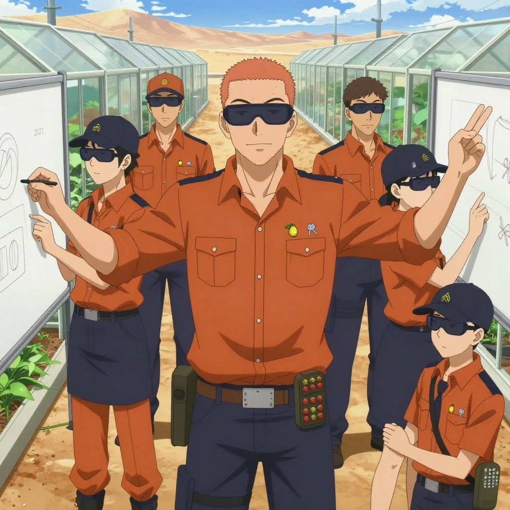 An anime scene showing 1 characters. 1. a male anime character with a taller, athletic build, short hair, subtle facial hair, wearing a neatly buttoned-up collared shirt with sleeves rolled to the elbows, a utility belt with a small battery pack that connects to his eyeglasses, flat chest with no breasts All characters wear rust orange and navy maintenance crew with a barbie aesthetic. Each character wears two small lapel pins — one showing a tiny yellow lemon with a small green leaf attached and one showing a tiny silver key blank with a simple round bow. Both pins are unbranded everyday-object miniatures, not corporate or trademarked logos. One character wears a newsboy cap. One character has signal reflector patch on the shoulder. Only one character gestures — the others focus on their tasks without gesturing or pointing. Characters speak to devices, check readings, touch their own fingertips together to transmit data, and wear AR glasses. No character touches a keyboard or looks at a screen. No character waves at the camera. No character faces the viewer directly. The team is teaching a literal greenhouse in a dusty desert road stretching to the horizon under a blazing sun. Exactly 1 characters in this scene — no more, no fewer. One writes key concepts on a whiteboard while explaining the reasoning. No male character wears a skirt, kilt, or apron over pants or formal shirts. Exactly 1 characters total. The image must contain precisely 1 characters.NO TEXT anywhere in this image — no speech bubbles, no word bubbles, no labels, no signs, no writing of any kind. Anime style, vibrant colors, clean composition, cinematic lighting.