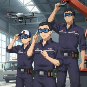 An anime scene showing 3 characters. 1. a male anime character with a taller, athletic build, short hair, subtle facial hair, wearing a neatly buttoned-up collared shirt with sleeves rolled to the elbows, a utility belt with a small battery pack that connects to his eyeglasses, flat chest with no breasts 2. a male anime character with a fit, medium build, short slicked-back hair, light mustache, wearing a neatly buttoned work polo with a collared neck and buttoned cuffs, a utility belt with a small battery pack that connects to his eyeglasses, flat chest with no breasts 3. a male anime character with a tall, sturdy build, short side-part hair, light goatee, wearing a neatly buttoned collared work shirt with sleeves rolled up, a utility belt with a small battery pack that connects to his eyeglasses, flat chest with no breasts All characters wear dark purple and silver search and rescue team with a your style aesthetic. Each character wears two small lapel pins β one showing the the Stripe logo β two diagonal lines forming a forward slash through a red circle (real brand), and one showing the gradient circle with a stylized wave S-mark inside logo (abstract). One character wears a baseball cap. One character has compact filtration mask clipped to the belt. Only one character gestures β the others focus on their tasks without gesturing or pointing. Characters speak to devices, check readings, touch their own fingertips together to transmit data, and wear AR glasses. No character touches a keyboard or looks at a screen. No character waves at the camera. No character faces the viewer directly. The team is operating a literal lookout tower in an industrial warehouse with natural light streaming through skylights. Exactly 3 characters in this scene β no more, no fewer. One pilots a drone through a pre-planned flight path, monitoring telemetry. One drives a vehicle steadily along a route, eyes on the road or path. One controls a crane or lift, moving materials with precision and care. No male character wears a skirt, kilt, or apron over pants or formal shirts. Exactly 3 characters total. The image must contain precisely 3 characters.NO TEXT anywhere in this image β no speech bubbles, no word bubbles, no labels, no signs, no writing of any kind. Anime style, vibrant colors, clean composition, cinematic lighting.