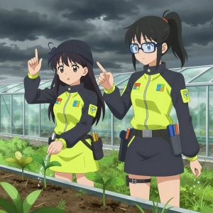 An anime scene showing 2 characters. 1. a female anime character with a petite build, cute face, no facial hair, long hair with a bow hair accessory 2. a female anime character with a slender build, youthful face, no facial hair, side ponytail with a ribbon All characters wear charcoal and neon yellow technical repair team with a angel aesthetic. Each character wears two small lapel pins β one showing the the Microsoft logo β a four-color grid tile: blue red green yellow (real brand), and one showing the hexagon-diamond shape with a Y inside, blue and yellow logo (abstract). One character wears a beanie. One character has utility sheathes on the belt for hand tools. Only one character gestures β the others focus on their tasks without gesturing or pointing. Characters speak to devices, check readings, touch their own fingertips together to transmit data, and wear AR glasses. No character touches a keyboard or looks at a screen. No character waves at the camera. No character faces the viewer directly. The team is cultivating a literal greenhouse in a wide prairie under a dramatic stormy sky. Exactly 2 characters in this scene β no more, no fewer. One prunes dead growth to encourage healthy new shoots. One waters a young seedling by hand, checking soil moisture first. No male character wears a skirt, kilt, or apron over pants or formal shirts. Exactly 2 characters total. The image must contain precisely 2 characters.NO TEXT anywhere in this image β no speech bubbles, no word bubbles, no labels, no signs, no writing of any kind. Anime style, vibrant colors, clean composition, cinematic lighting.