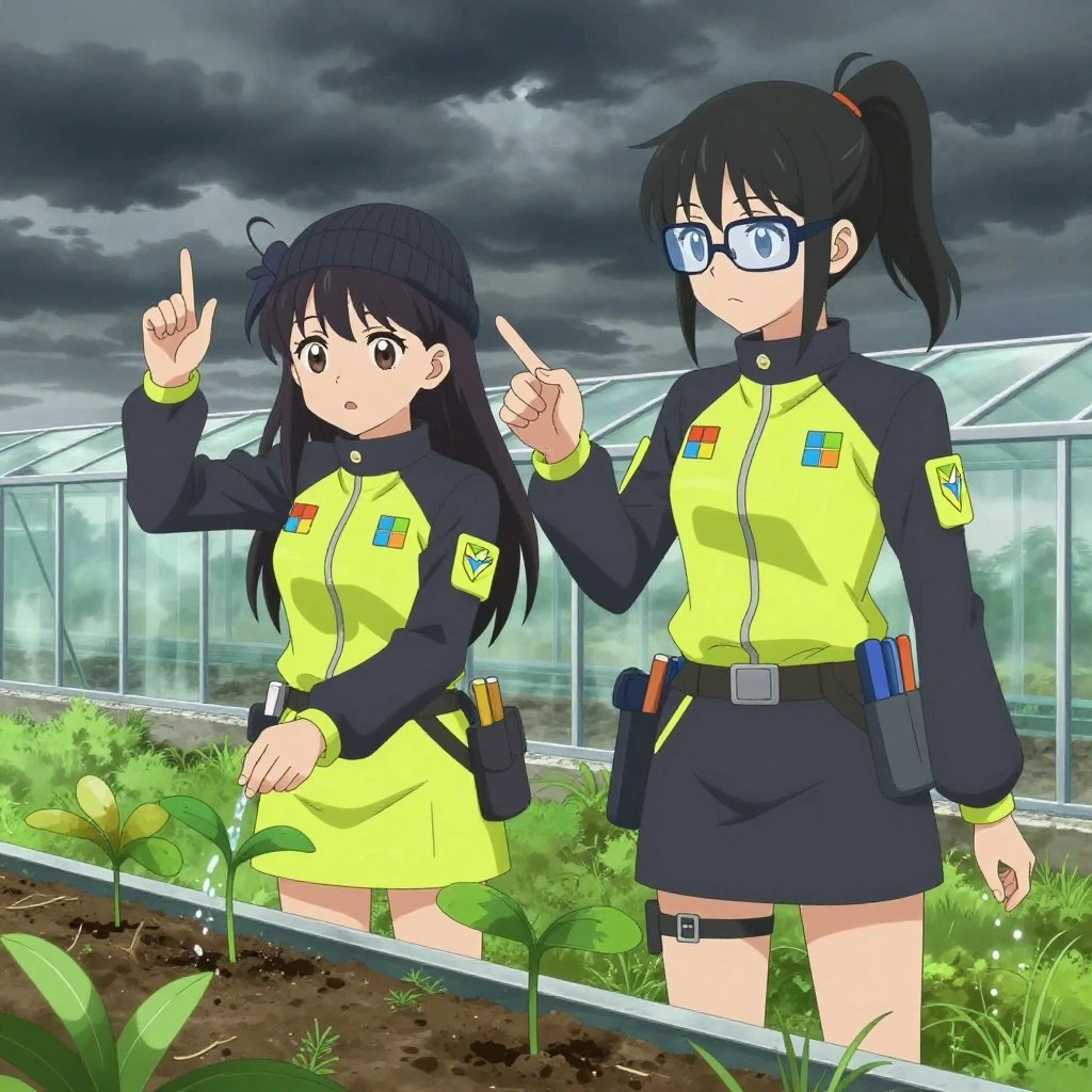 An anime scene showing 2 characters. 1. a female anime character with a petite build, cute face, no facial hair, long hair with a bow hair accessory 2. a female anime character with a slender build, youthful face, no facial hair, side ponytail with a ribbon All characters wear charcoal and neon yellow technical repair team with a angel aesthetic. Each character wears two small lapel pins — one showing the the Microsoft logo — a four-color grid tile: blue red green yellow (real brand), and one showing the hexagon-diamond shape with a Y inside, blue and yellow logo (abstract). One character wears a beanie. One character has utility sheathes on the belt for hand tools. Only one character gestures — the others focus on their tasks without gesturing or pointing. Characters speak to devices, check readings, touch their own fingertips together to transmit data, and wear AR glasses. No character touches a keyboard or looks at a screen. No character waves at the camera. No character faces the viewer directly. The team is cultivating a literal greenhouse in a wide prairie under a dramatic stormy sky. Exactly 2 characters in this scene — no more, no fewer. One prunes dead growth to encourage healthy new shoots. One waters a young seedling by hand, checking soil moisture first. No male character wears a skirt, kilt, or apron over pants or formal shirts. Exactly 2 characters total. The image must contain precisely 2 characters.NO TEXT anywhere in this image — no speech bubbles, no word bubbles, no labels, no signs, no writing of any kind. Anime style, vibrant colors, clean composition, cinematic lighting.