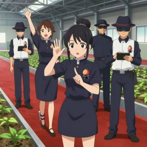 An anime scene showing 1 characters. 1. a female anime character with a small build, no facial hair, hair in a bun with a decorative pin, wearing a skirt All characters wear dark navy and white scientific expedition team with a red carpet aesthetic. Each character wears two small lapel pins β one showing a tiny fuzzy peach with a single crease down one side and one showing a tiny black binder clip with silver arms. Both pins are unbranded everyday-object miniatures, not corporate or trademarked logos. One character wears a fedora. One character has calibrated ankle strap for terrain mapping. Only one character gestures β the others focus on their tasks without gesturing or pointing. Characters speak to devices, check readings, touch their own fingertips together to transmit data, and wear AR glasses. No character touches a keyboard or looks at a screen. No character waves at the camera. No character faces the viewer directly. The team is cultivating a literal aqueduct in an industrial warehouse with natural light streaming through skylights. Exactly 1 characters in this scene β no more, no fewer. One applies fertilizer in careful doses around the root zone. No male character wears a skirt, kilt, or apron over pants or formal shirts. Exactly 1 characters total. The image must contain precisely 1 characters.NO TEXT anywhere in this image β no speech bubbles, no word bubbles, no labels, no signs, no writing of any kind. Anime style, vibrant colors, clean composition, cinematic lighting.