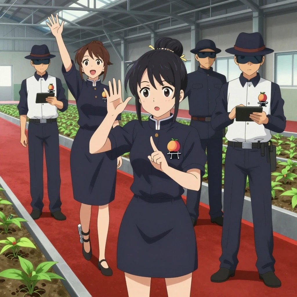 An anime scene showing 1 characters. 1. a female anime character with a small build, no facial hair, hair in a bun with a decorative pin, wearing a skirt All characters wear dark navy and white scientific expedition team with a red carpet aesthetic. Each character wears two small lapel pins — one showing a tiny fuzzy peach with a single crease down one side and one showing a tiny black binder clip with silver arms. Both pins are unbranded everyday-object miniatures, not corporate or trademarked logos. One character wears a fedora. One character has calibrated ankle strap for terrain mapping. Only one character gestures — the others focus on their tasks without gesturing or pointing. Characters speak to devices, check readings, touch their own fingertips together to transmit data, and wear AR glasses. No character touches a keyboard or looks at a screen. No character waves at the camera. No character faces the viewer directly. The team is cultivating a literal aqueduct in an industrial warehouse with natural light streaming through skylights. Exactly 1 characters in this scene — no more, no fewer. One applies fertilizer in careful doses around the root zone. No male character wears a skirt, kilt, or apron over pants or formal shirts. Exactly 1 characters total. The image must contain precisely 1 characters.NO TEXT anywhere in this image — no speech bubbles, no word bubbles, no labels, no signs, no writing of any kind. Anime style, vibrant colors, clean composition, cinematic lighting.