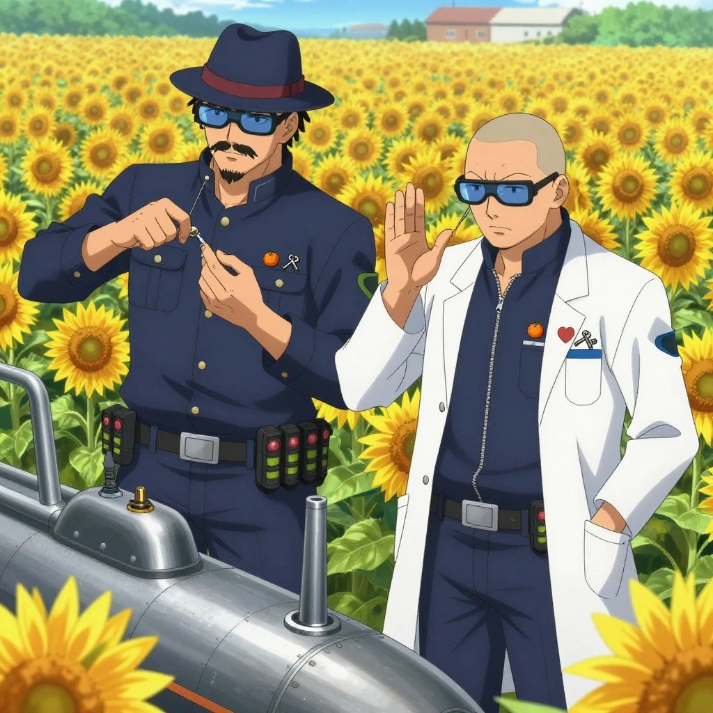 An anime scene showing 2 characters. 1. a male anime character with a tall, rugged build, short dreadlock hair, thick mustache, wearing a neatly buttoned utility jacket with a mandarin collar and two chest pockets, a utility belt with a small battery pack that connects to his eyeglasses, flat chest with no breasts 2. a male anime character with a broad-shouldered build, short buzz-cut hair, clean-shaven, wearing a neatly buttoned work coverall with a full-length zipper and snapped chest pocket, a utility belt with a small battery pack that connects to his eyeglasses, flat chest with no breasts All characters wear cool blue and silver medical team (white lab coats) with a valentine's heartbreak aesthetic. Each character wears two small lapel pins — one showing a tiny round tangerine with a small dimpled peel texture and one showing a tiny black binder clip with silver arms. Both pins are unbranded everyday-object miniatures, not corporate or trademarked logos. One character wears a fedora. One character has magnetic screwdriver wristband. Only one character gestures — the others focus on their tasks without gesturing or pointing. Characters speak to devices, check readings, touch their own fingertips together to transmit data, and wear AR glasses. No character touches a keyboard or looks at a screen. No character waves at the camera. No character faces the viewer directly. The team is repairing a literal submarine in a sunflower field extending to a farmstead on the horizon. Exactly 2 characters in this scene — no more, no fewer. One carefully tightens a bolt with the appropriate tool, working by feel. One diagnoses the fault by listening to how the mechanism sounds. No male character wears a skirt, kilt, or apron over pants or formal shirts. Exactly 2 characters total. The image must contain precisely 2 characters.NO TEXT anywhere in this image — no speech bubbles, no word bubbles, no labels, no signs, no writing of any kind. Anime style, vibrant colors, clean composition, cinematic lighting.